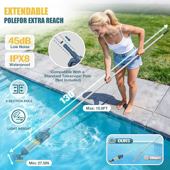 Vucaki 5-in-1 Handheld Pool Vacuum with 10.8FT Telescopic Pole 14 Wheel Vacuum Head, 18.9GPM Suction, 70Min Runtime, Heavy Duty Pool Vacuum Cleaner for Inground & Above Ground Pools and Spas