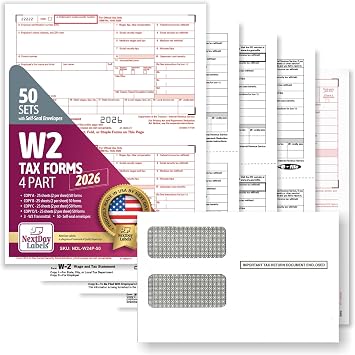 NextDayLabels W-2 Tax Forms 2026 4-Part Set 50 & Self Seal Envelopes