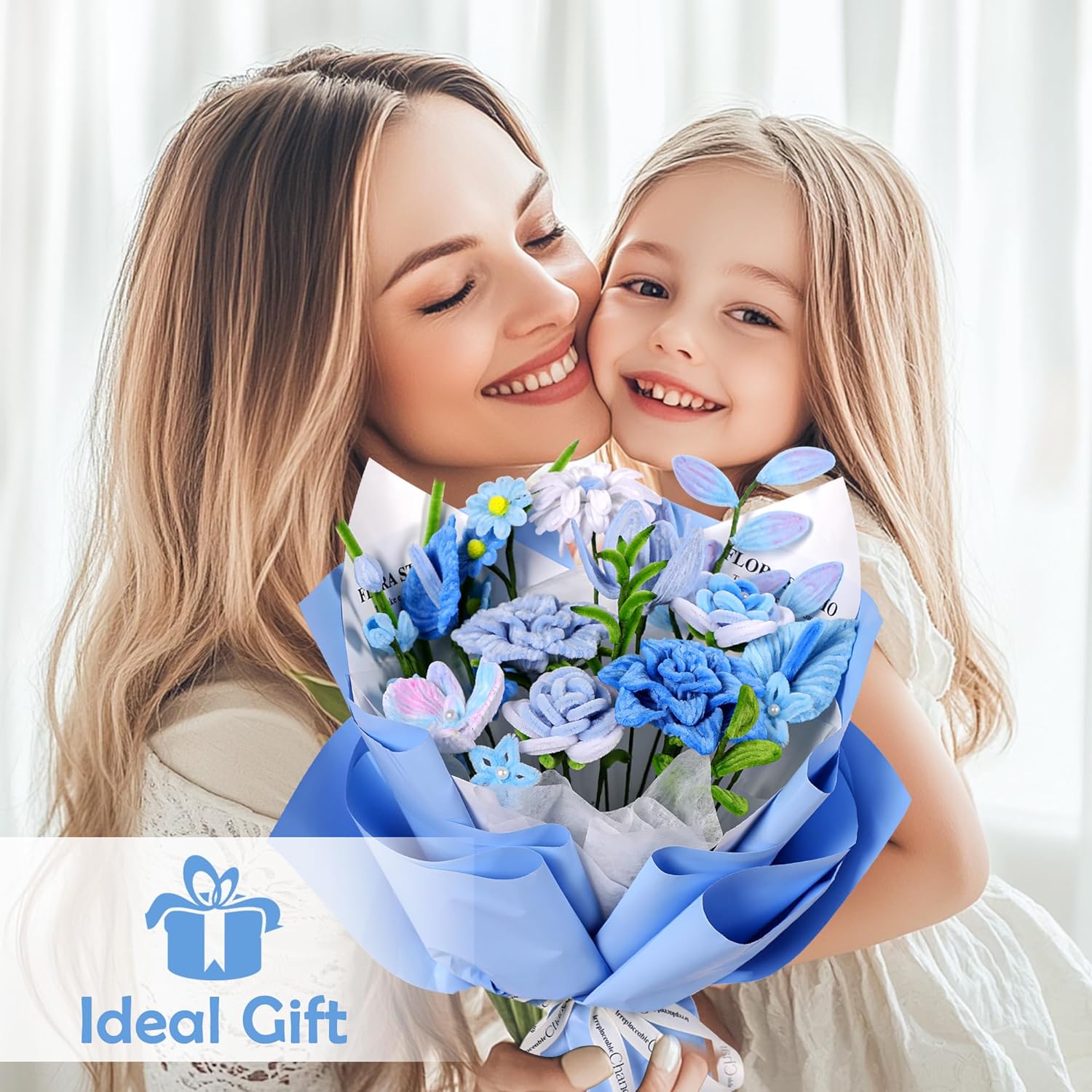 500 Pcs Pipe Cleaners Craft Kit for Flower Making, DIY Bouquet Set with 8mm Chenille Stems, Step-by-Step Tutorial, Floral Wire, Ribbon & Tools for Handmade Gifts and Decor, Blue