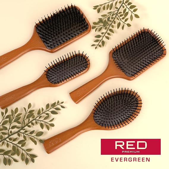 RED Premium Evergreen Wooden Paddle Brush, Detangling Brush with Long Bristles for Thick, Curly, Thin, Wet or Dry Hair - Long-Lasting Shine (Mini)
