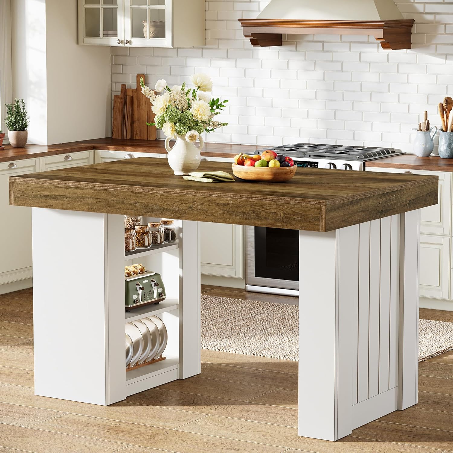 Tribesigns Kitchen Island with Storage, 55-Inch Farmhouse Stationary Island Table with Large Countertop, Counter Height Home Bar Table for Kitchen, Dining Room, Rustic Brown & White