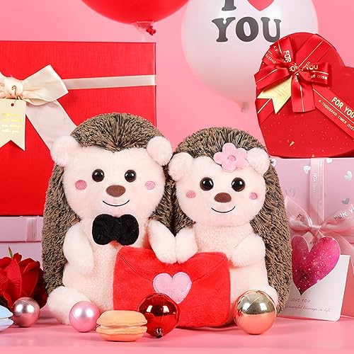 Miniatura 2 de IKASA Par de animales de peluche de erizo para pareja con corazón para el día de San Valentín, lindo juguete suave de 8 pulgadas, regalos del día de