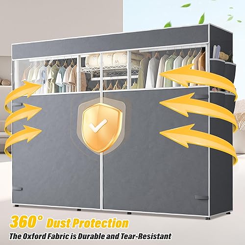 Miniatura 2 de Raybee Perchero con funda, percheros para colgar ropa resistente, armario portátil con estantes, ajustable, carga 905 libras, blanco, 75 pulgadas de