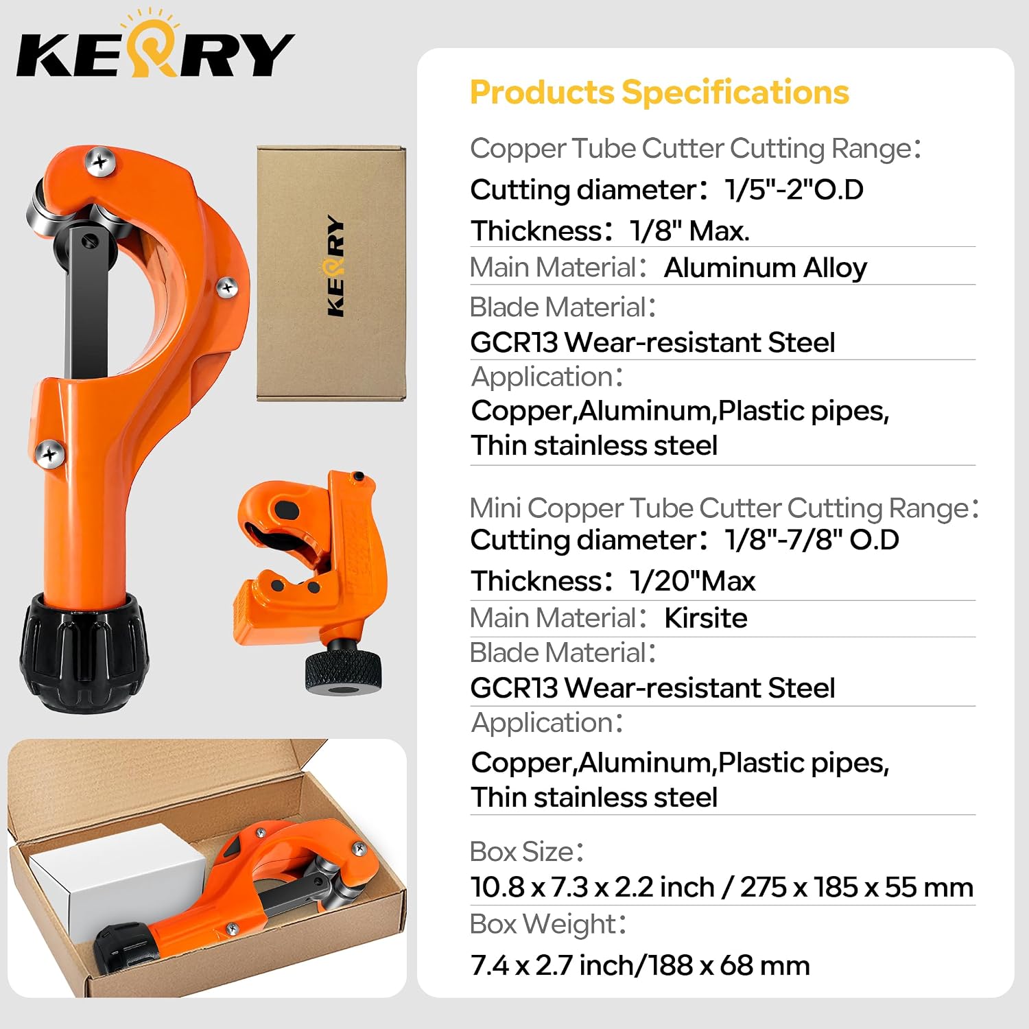Kerry 2PCS Tubing Cutter Set, 1/5"-2" Heavy Duty Pipe Cutter with Deburring Tool, 1/8"-7/8" Mini Tube Cutter, Aluminum Body GCR15 Blades Cut Aluminum, Thin Stainless Steel, Copper, Plastic Pipes