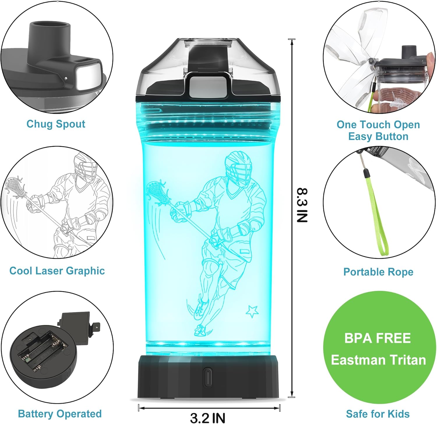 OkiyiD Lacrosse Gifts for Boys, Light Up Kids Water Bottle, Lacrosse Accessories for Men Sport Cup with 3D Glowing LED Light - 14 OZ Tritan BPA-Free - Gifts for School, Camping, and Holidays