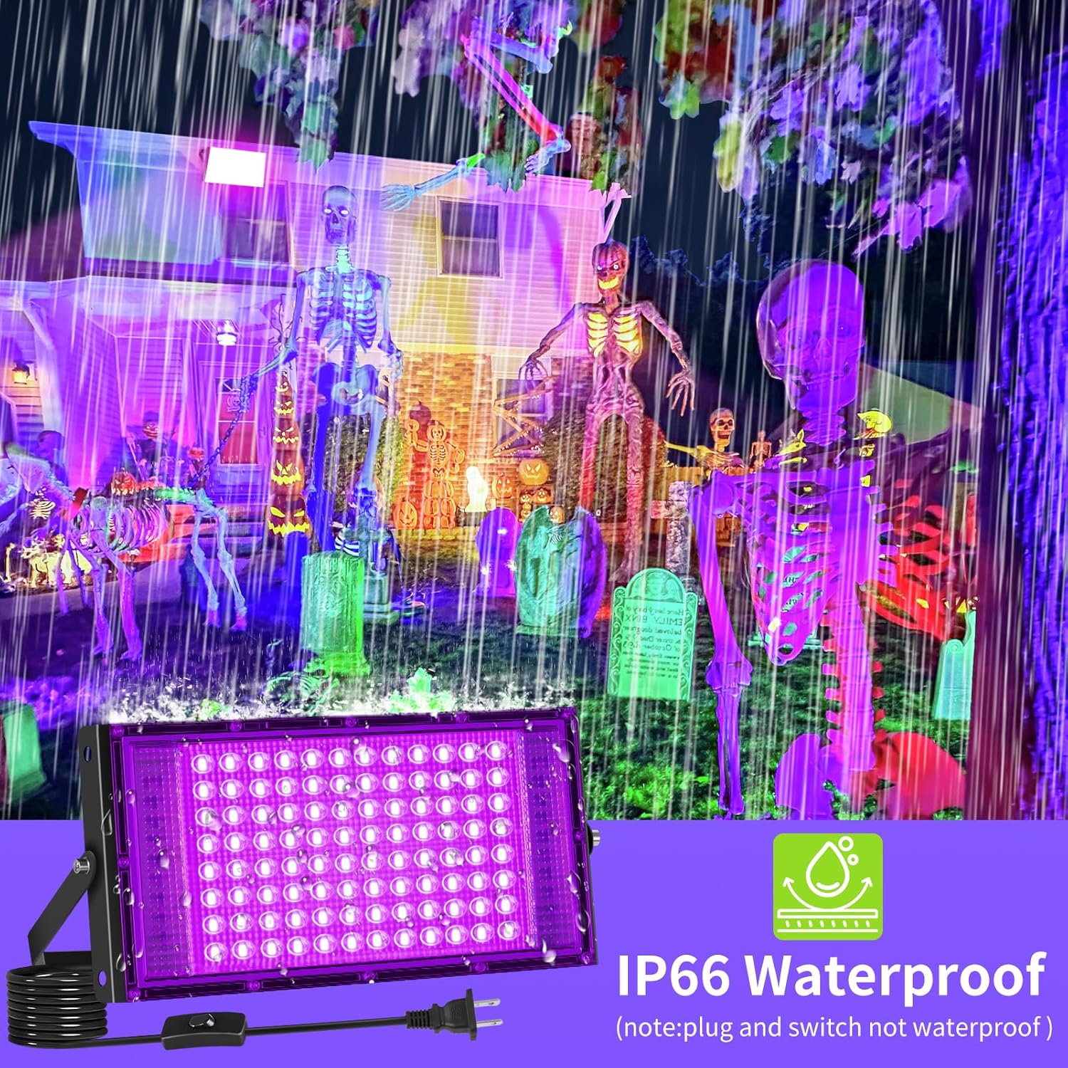 YQNLIFA 100W LED Black Lights, Blacklight Flood Light for Halloween Decorations, IP66 Waterproof Blacklights for Black Light Party, Stage Lighting, Body Paint, Fluorescent Poster 2 Pack
