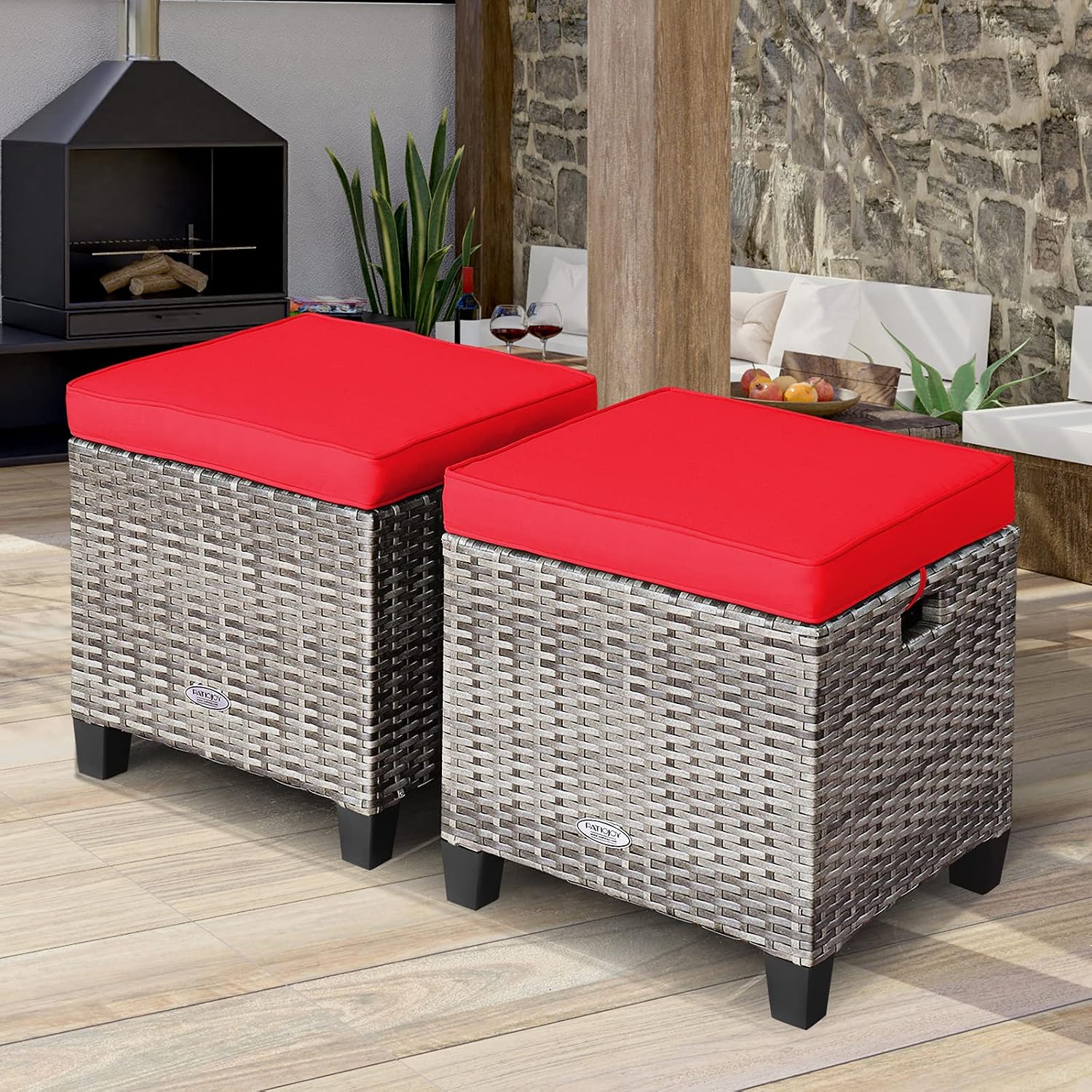LDAILY Moccha 2 Pieces Patio Outdoor Ottoman, All Weather Rattan Patio Ottoman Set w/Removable Cushions, Footrest Seat Outdoor Footstool (Mix Grey + Red)