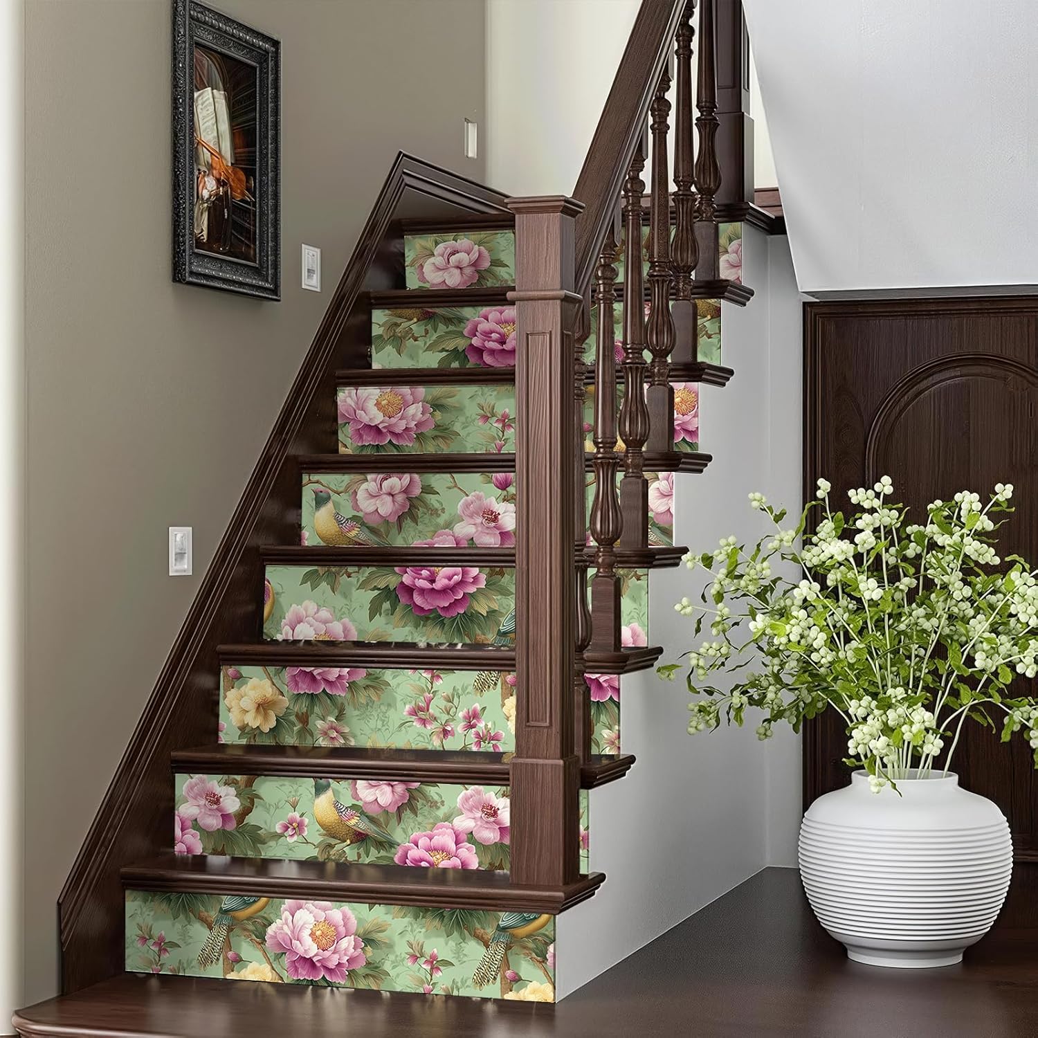 Peel and Stick Green Vintage Bird Wallpaper Moody Vintage Removable Floral Textured 17.7" x 236.22" Wall paper Watercolor Self Adhesive Contact Paper for Classroom Bedroom laundry room bathroom