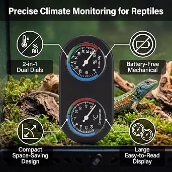 Reptile Thermometer Hygrometer, Mini Round Shape Dual Dial Thermometer and Humidity Gauge for Reptile Lizard Tortoise Spider Pet Rearing Box