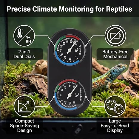 Reptile Thermometer Hygrometer, Mini Round Shape Dual Dial Thermometer and Humidity Gauge for Reptile Lizard Tortoise Spider Pet Rearing Box