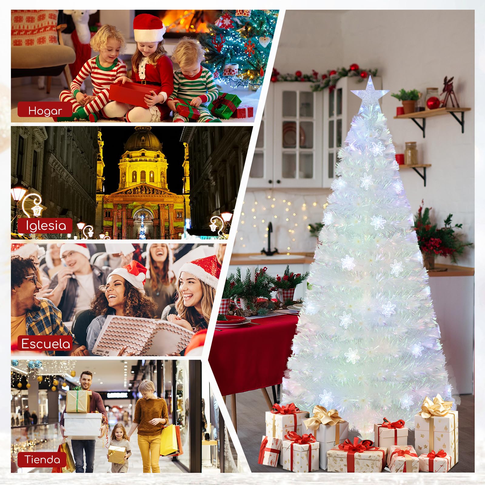 COSTWAY 180cm Árbol de Navidad Blanco, Hojas Iridiscentes, Árbol de Navidad de Fibra Óptica Preiluminado, 30 Luces LED de Copos de Nieve, Estrella, Arvore de Natal Oficina y Hogar(180cm)