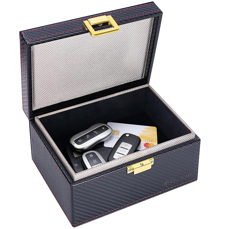 Caixa Faraday TICONN para chaves de carro com bloqueio de sinais RFID, Wi-Fi, Bluetooth e NFC, acabamento estilo fibra de carbono, 17,0 x 12,2 x 9,7 cm, TICONN - 286