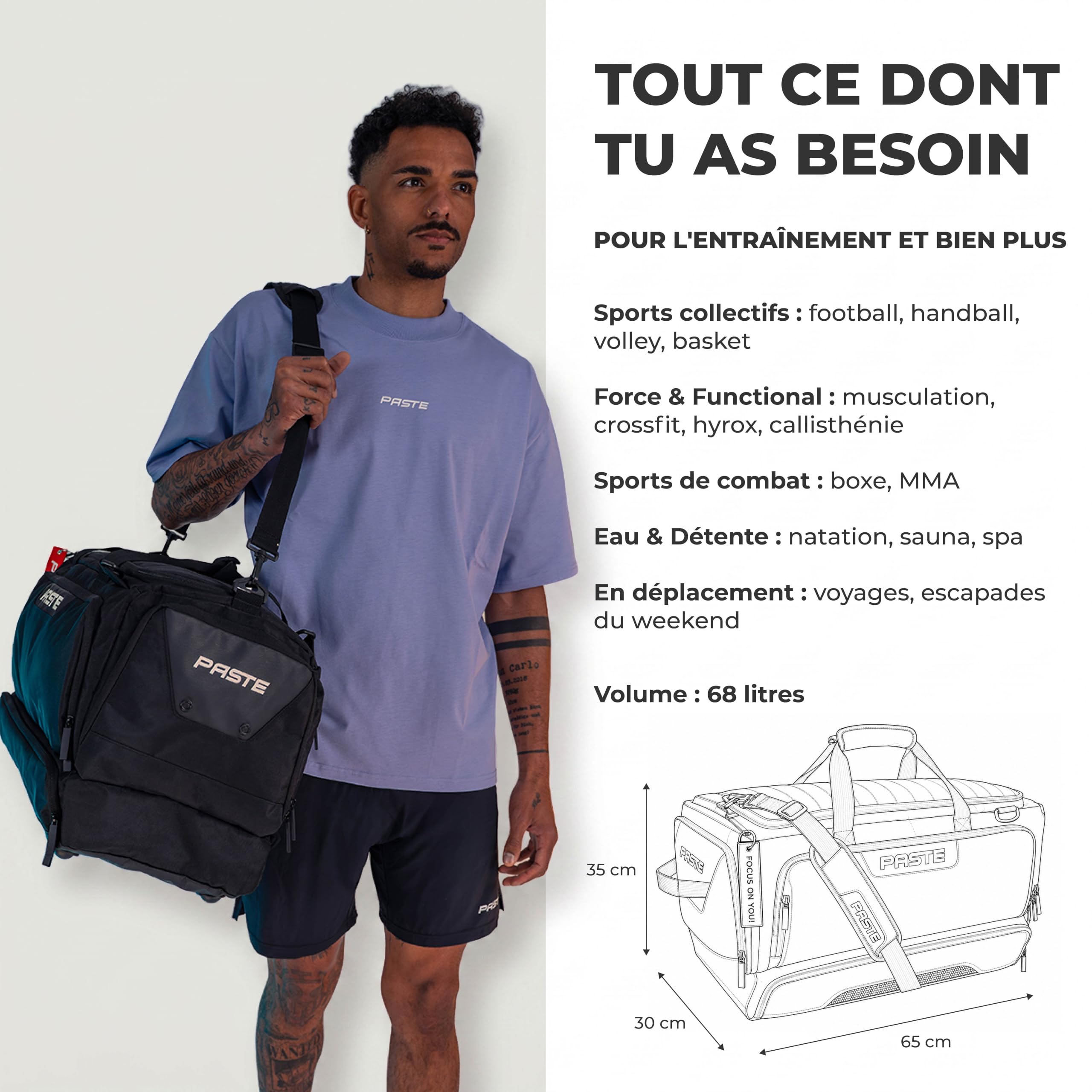 PASTE® - Sac de Sport 68L & Sac de Voyage XL avec Fonction Sac à Dos – Compartiment Chaussures, Poche Isotherme & Compartiment Humide – Fitness, Musculation, Football, Natation – Gym Bag Homme Femme