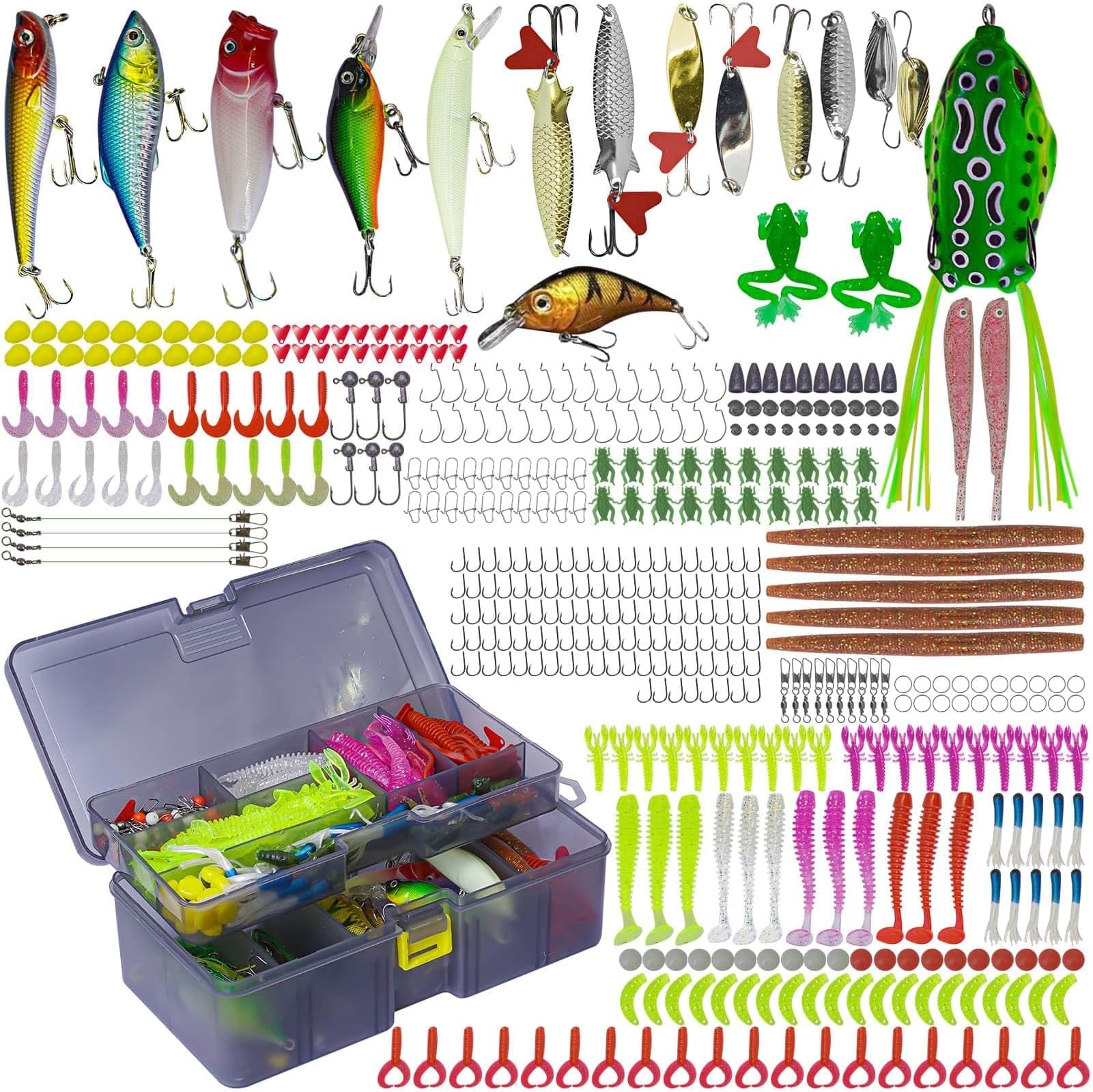 Fishing Lures Baits Tackle Kit, Tackle Box with Tackle Included, 6/323/430pcs Fishing Accessories Kit, Fishing Hooks, Fishing Weights, Spinner Blade, Fishing Gear