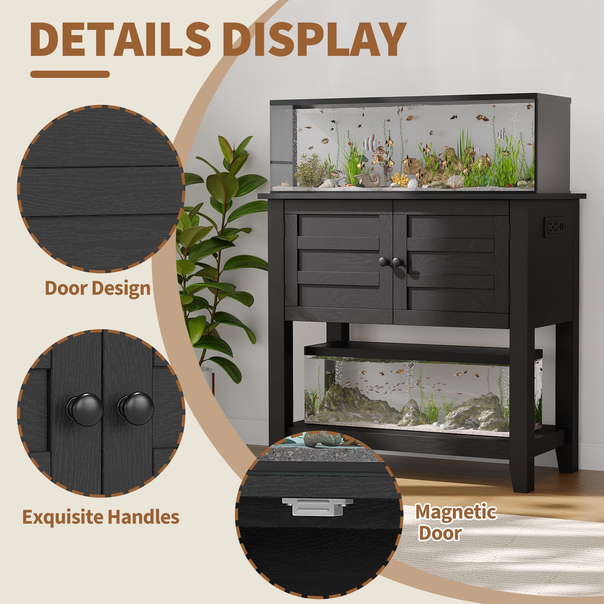 Meuble Aquarium Noir et Bois Support 75L-110L Autoportant Capacité 300kg