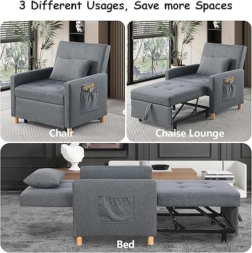 Vista 26 de Silla de cama convertible, sofá cama extraíble con respaldo ajustable, tela de lino, silla convertible con bolsillo lateral para sala de estar