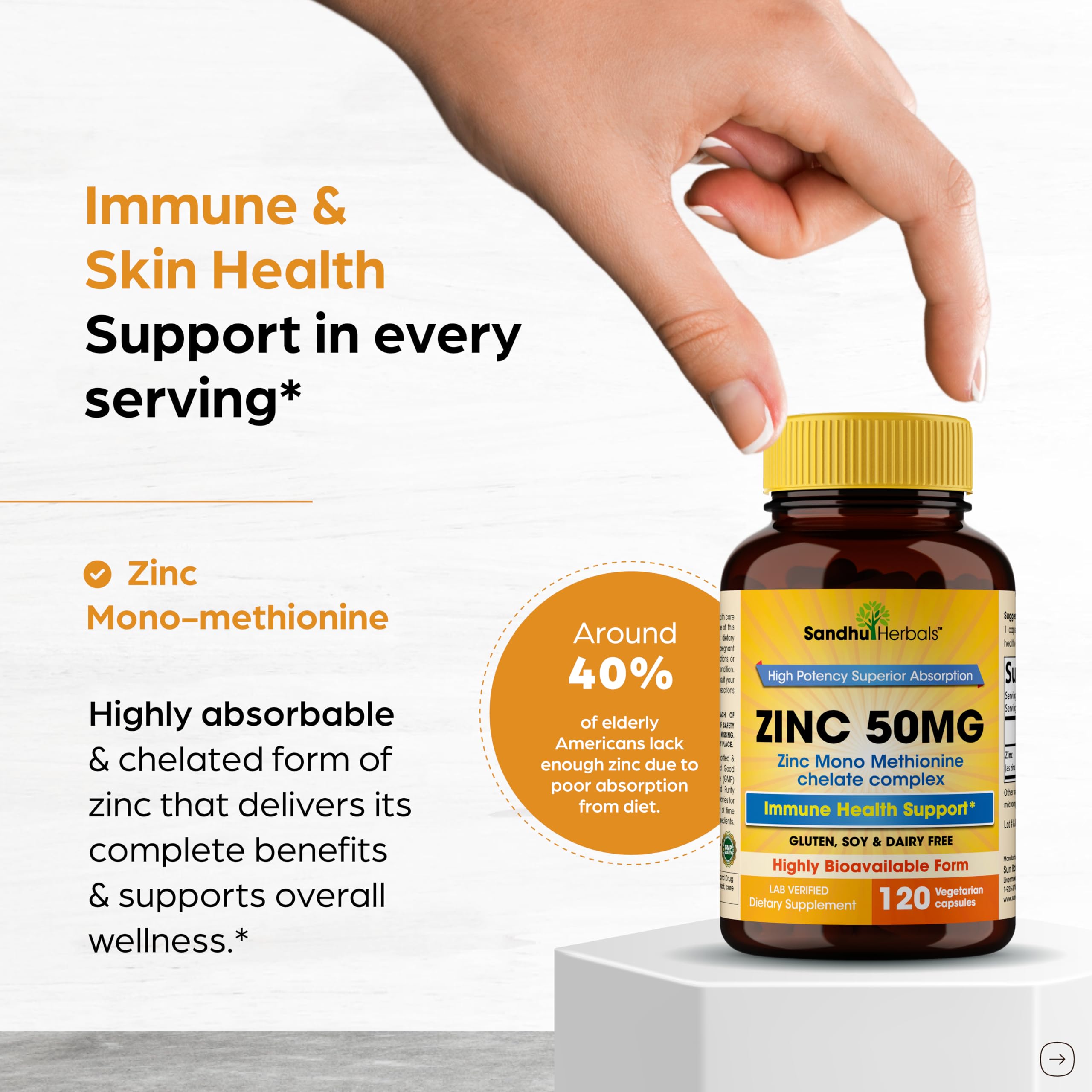Zinc 50mg Capsules, Zinc Monomethionine Chelated Supplements, 120 Count — Amazon image 2