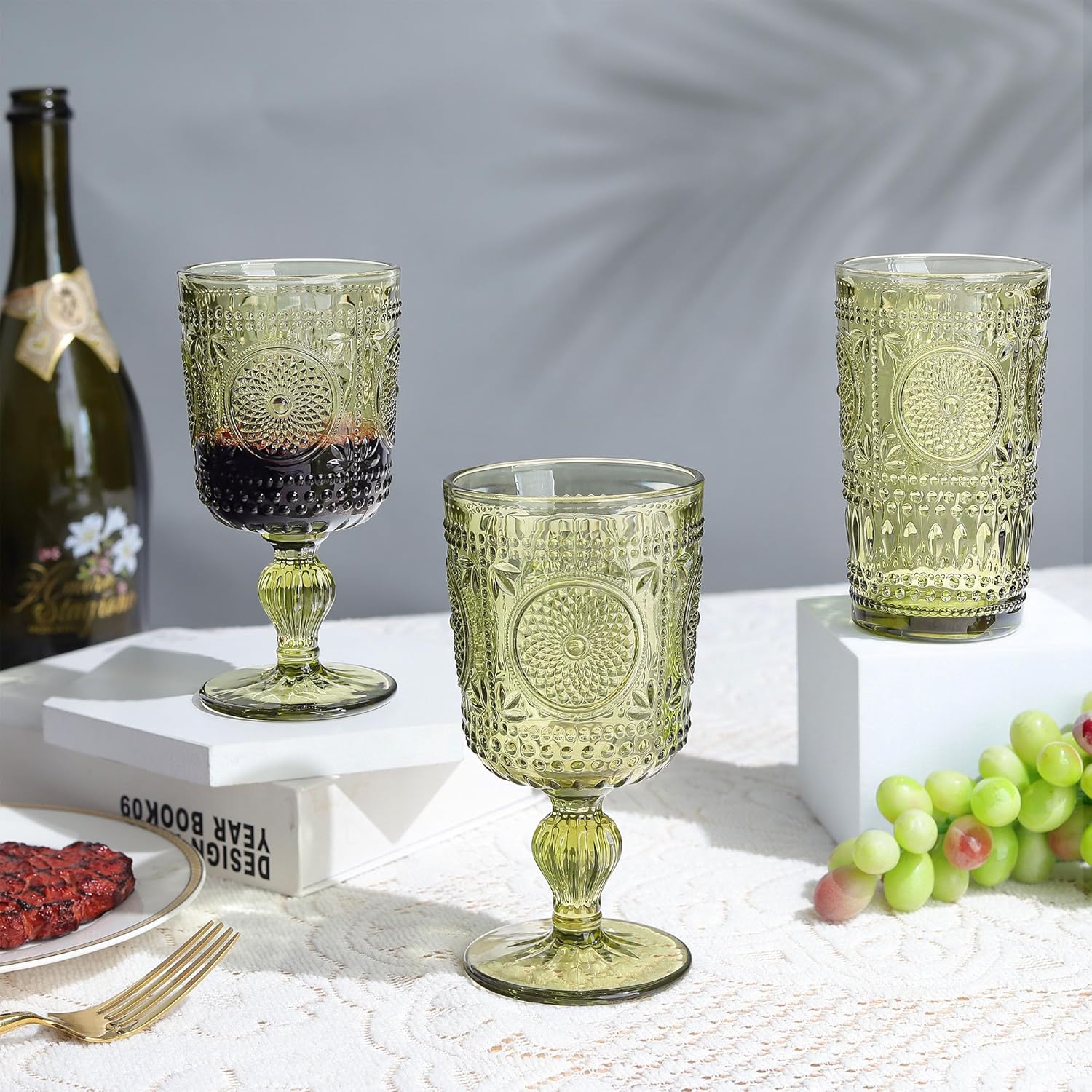 Joeyan Green Wine Glasses,Vintage Sunflower Glass Wine Goblet,Embossed Colored Boho Stemmed Drinking Glasses,Beaded Glassware for Christmas Party Wedding,10 oz,Set of 4,Dishwasher Safe - Image 4