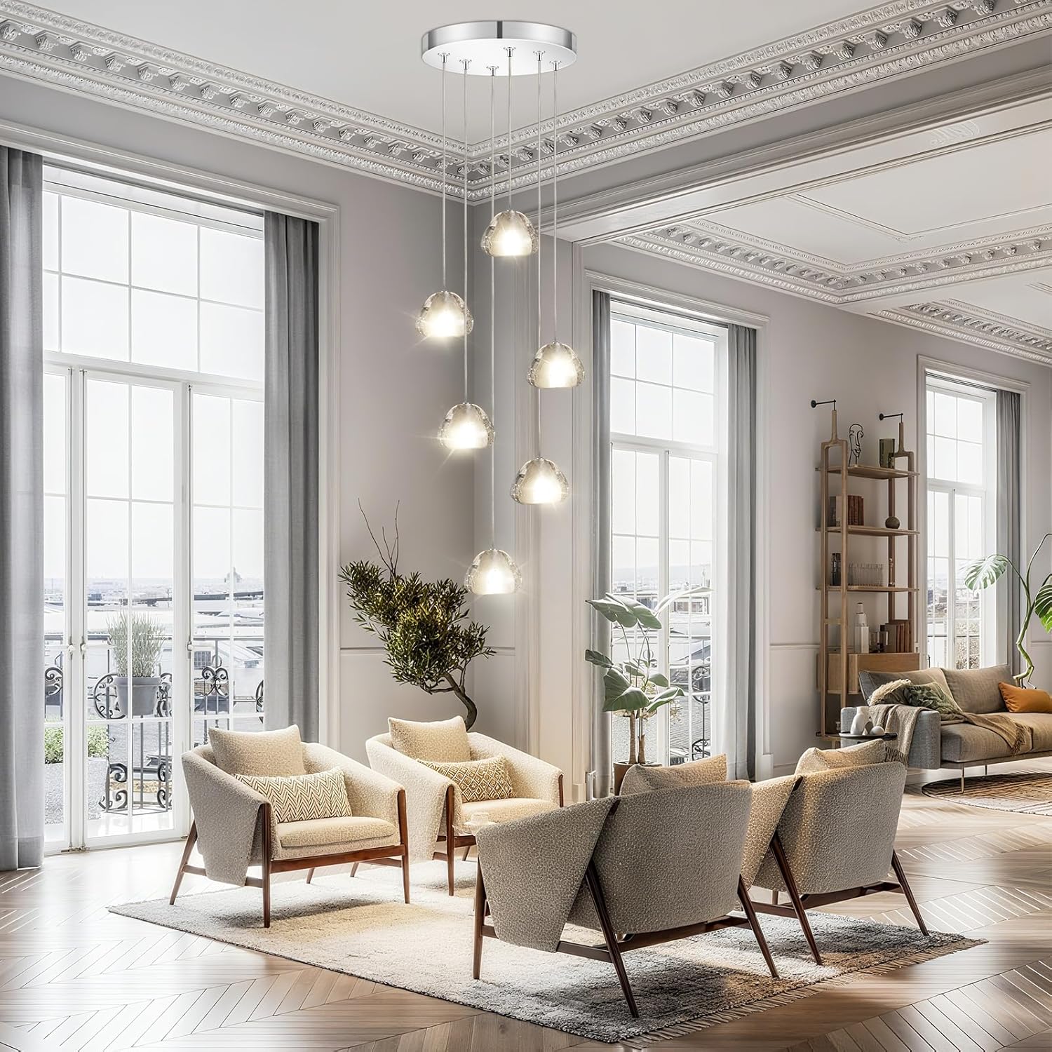 Modern Crystal Chandeliers High Ceiling LED Pendant Light Raindrop Long Bubble Ball Dimmable Lighting Fixture for Staircase Living Room Hallway Foyer Entryway Bedroom (Chrome, 6-Lights)