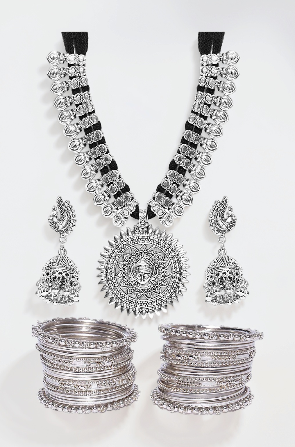 YouBella Jewellery Sets for Women Silver Plated Afghani Tribal Necklace Jewellery set with Earrings and Bangles Combo For Girls/Women