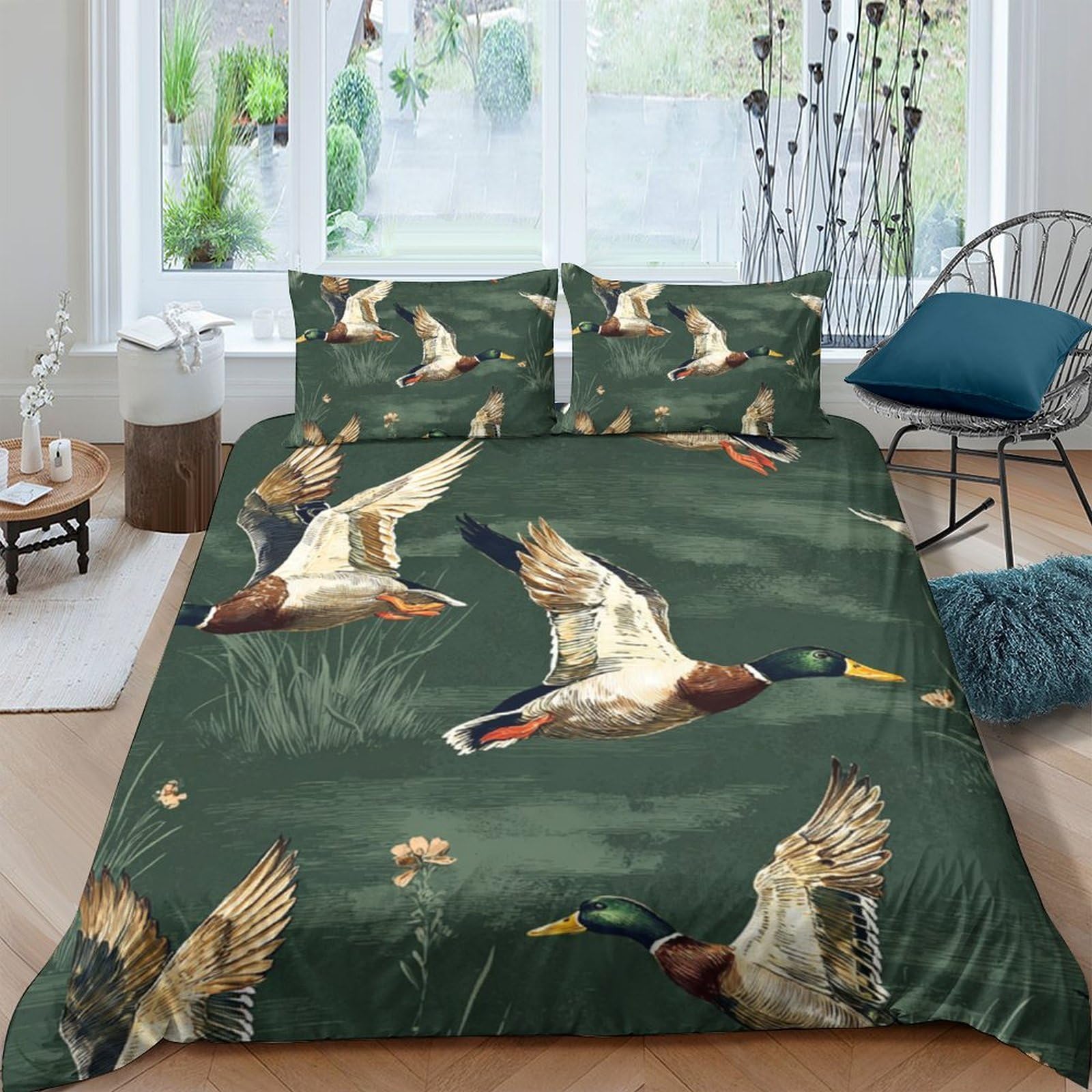 Ctjqhvkz Style-1 3D Printed Wild Duck Fitted Sheet Microfiber Soft Green Forest Mattress Cover For Bedroom Guest Room Decor Single（135X200cm）