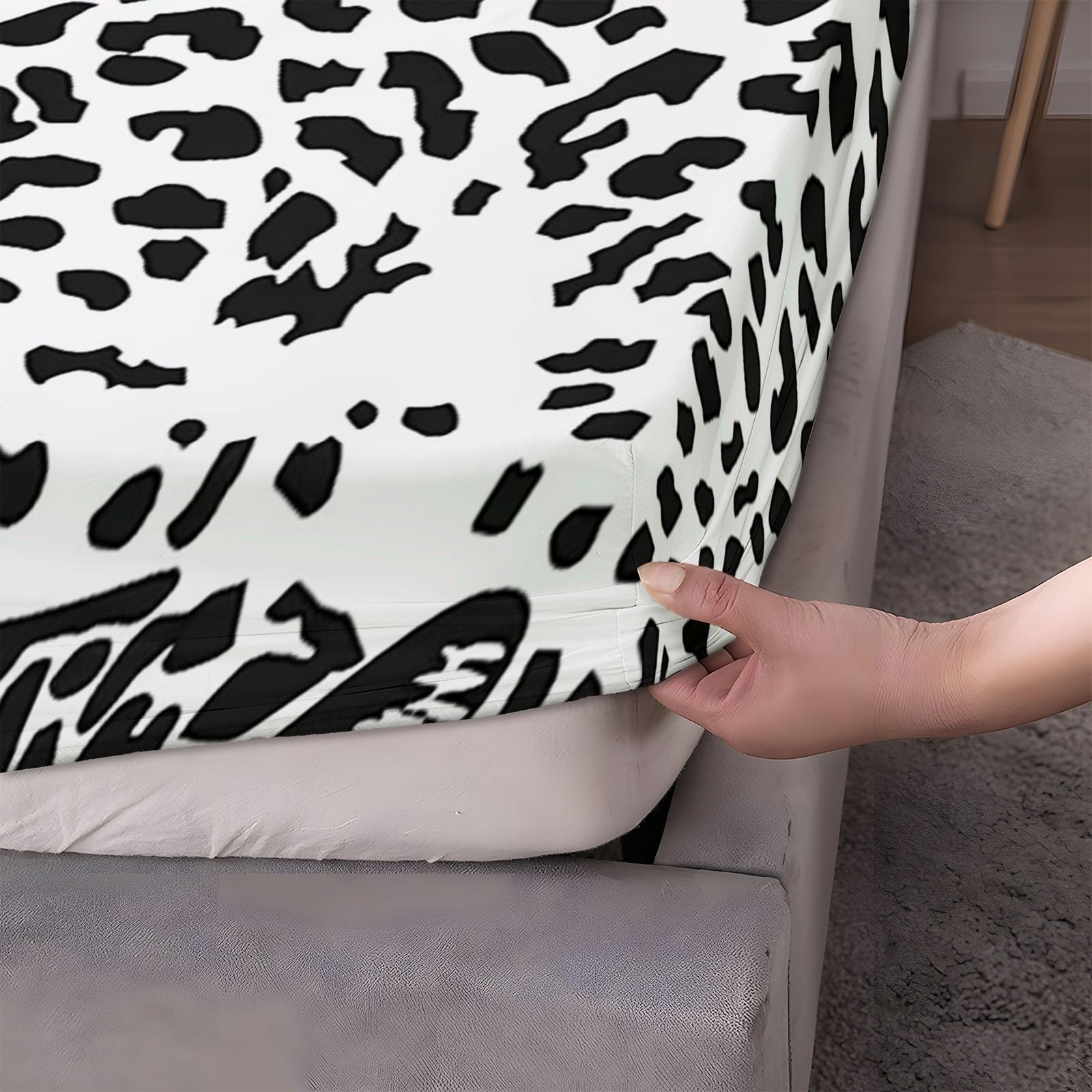 Sabana Bajera Leopardo Blanco Y Negro Microfibra Cepillada 135x190 cm para Colchón 30cm de Altura Tejido Suave Transpirable Hipoalergénico Antiácaros y Antibact