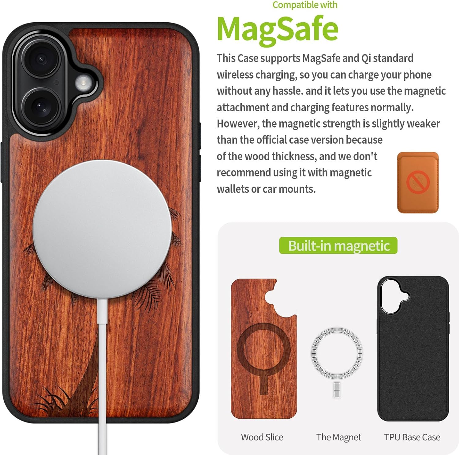 Carveit Magnetic Wooden Case for iPhone 17 Case, Wood Artisan Engraved & Black Soft TPU Shockproof Cover, Compatible with MagSafe Wireless Chargers (The Palm Tree) Rosy
