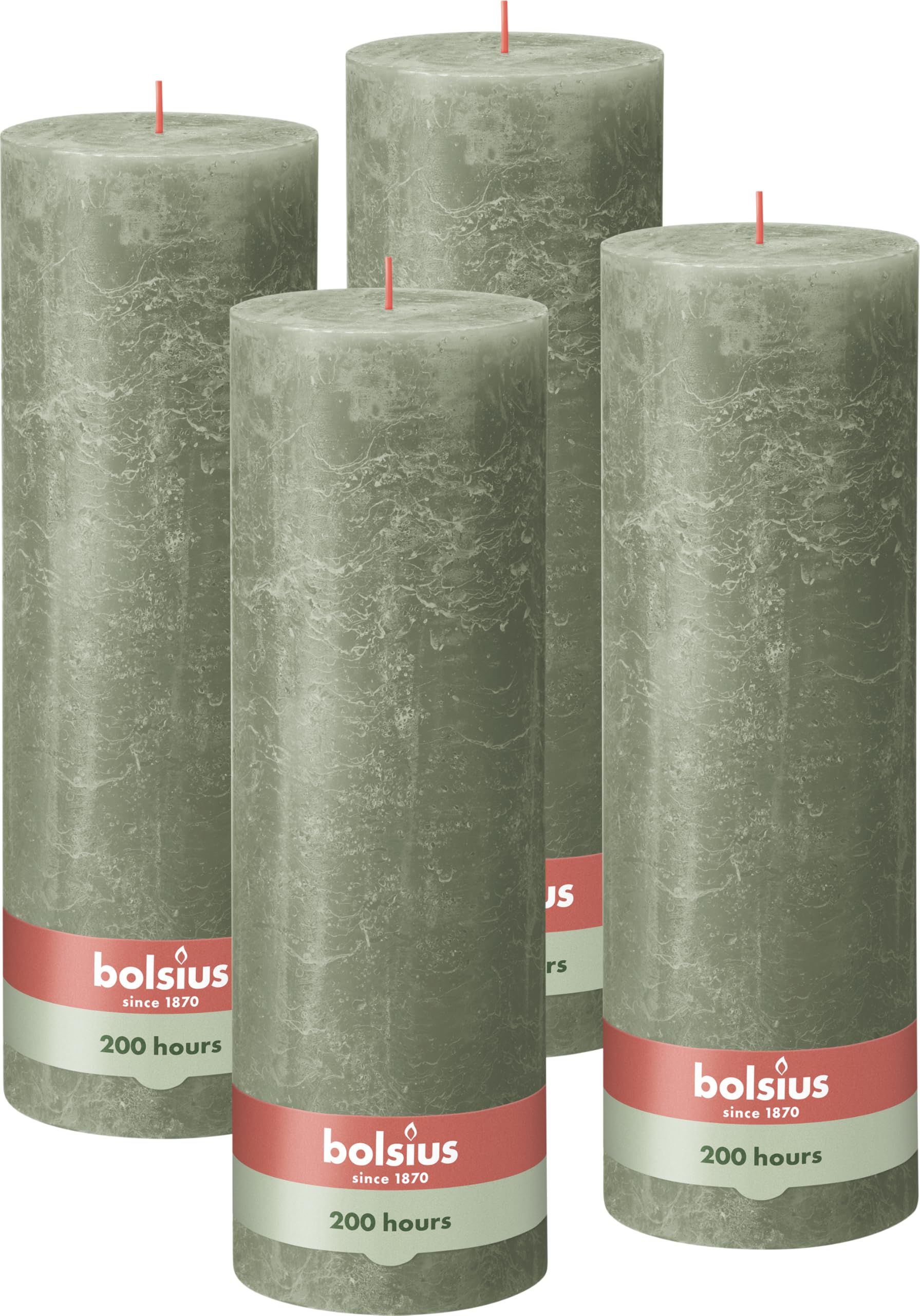 Bolsius - Vela rústica XXL – Verde – Juego de 4 – 30 x 10 cm – Velas decorativas para el hogar – Larga duración de combustión 200 horas – sin perfume – Cera natural vegana – sin aceite de palma