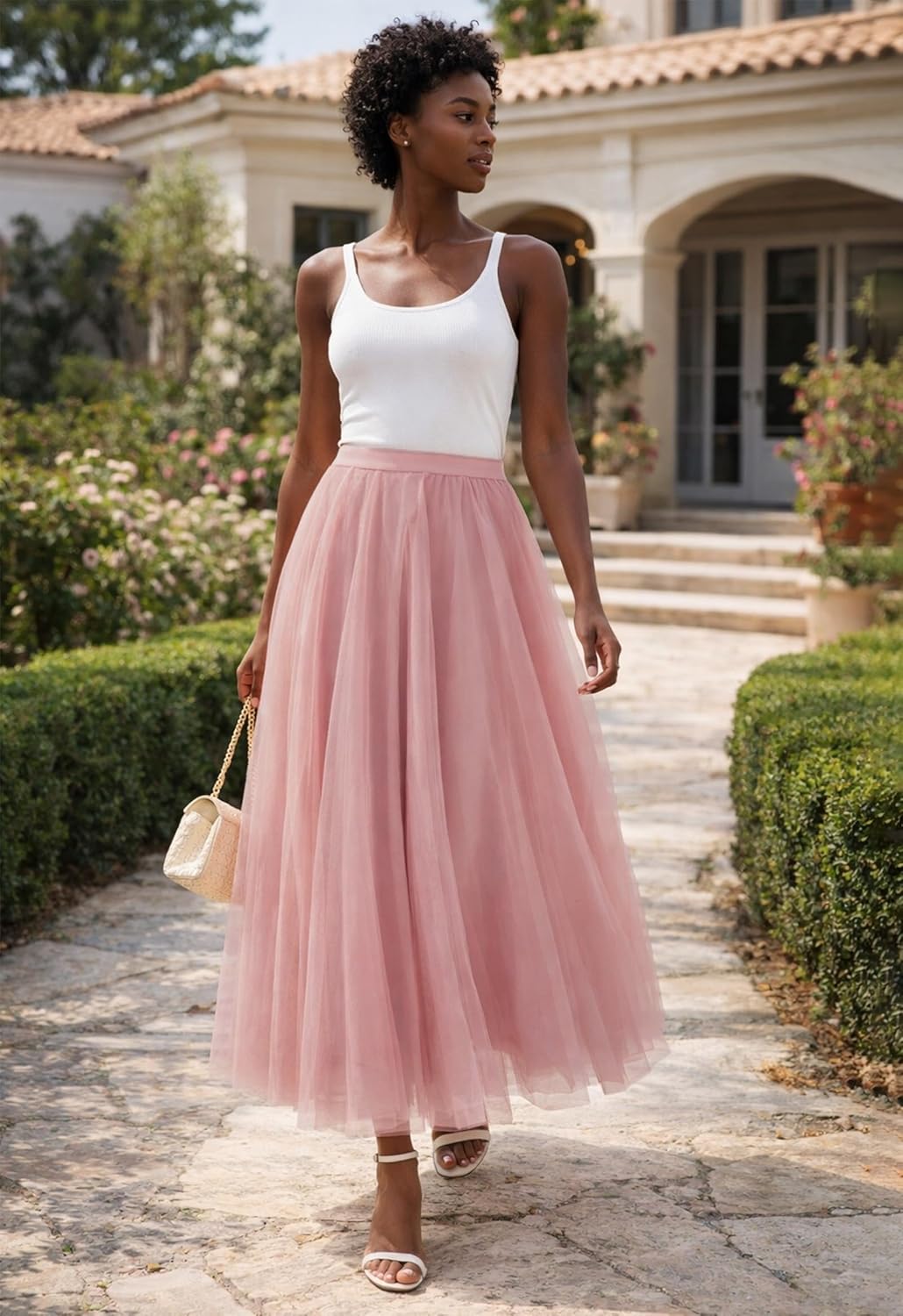 SANGTREE Women's Long Tulle Skirts Elastic High Waist A-Line Layered Tutu Mesh Flowy Skirt Ankle Length