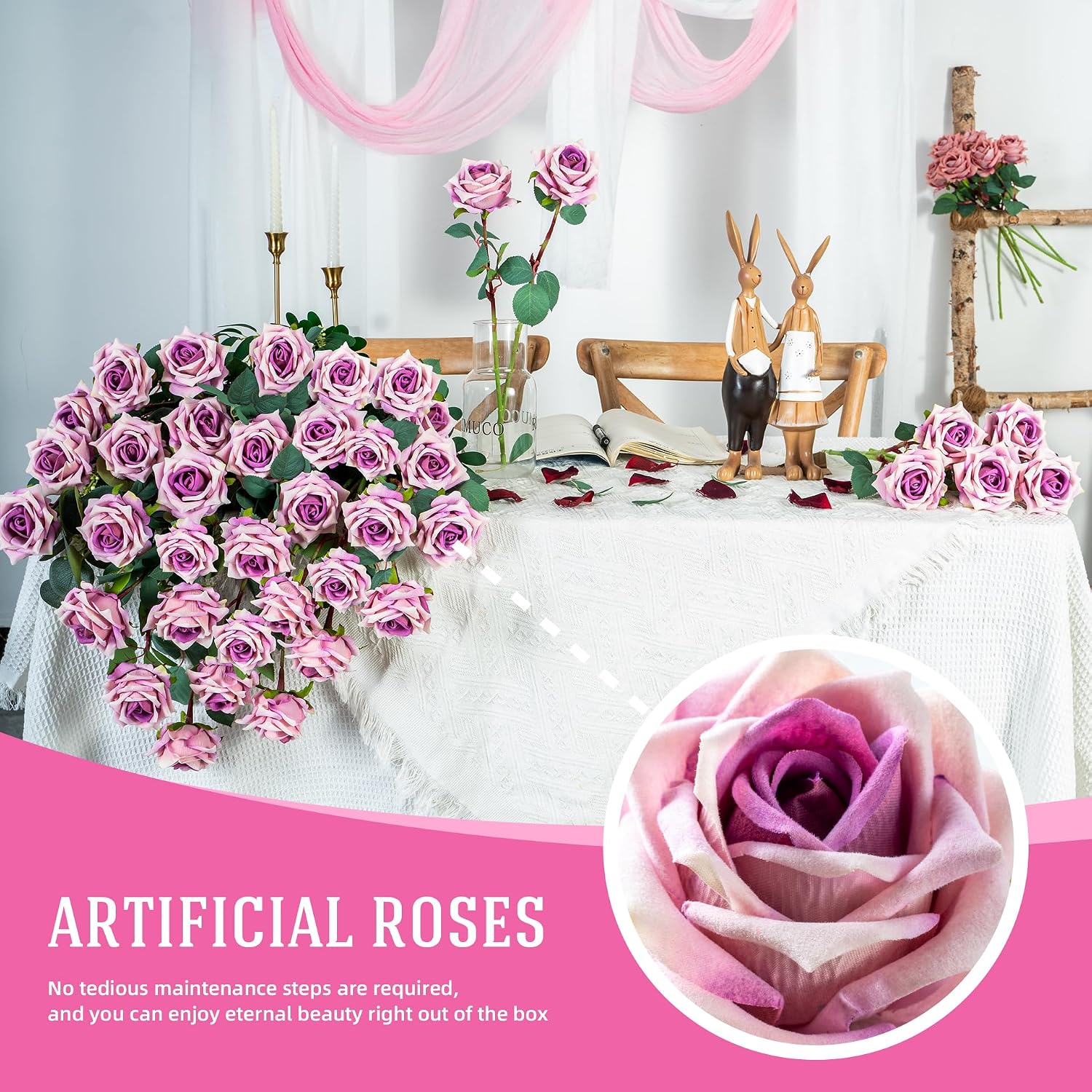 Ttranewsoo Fake Roses Faux Flowers Silk Roses Artificial Roses with Stems Realistic Artificial Flowers 24PCS Suitable for Indoor Home Decoration DIY Bouquet Wedding Decor Party Decor (Purple) 16.5In