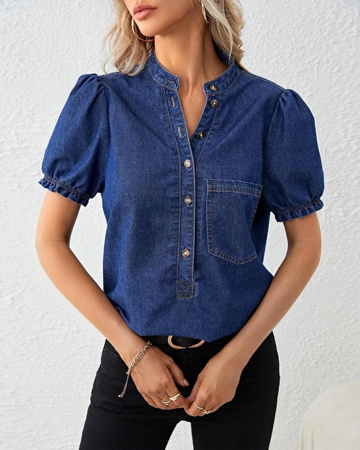 Womens Denim Shirt Casual Button Down V Neck Blouses Puff Short Sleeve Summer Jean Tops - Image 5