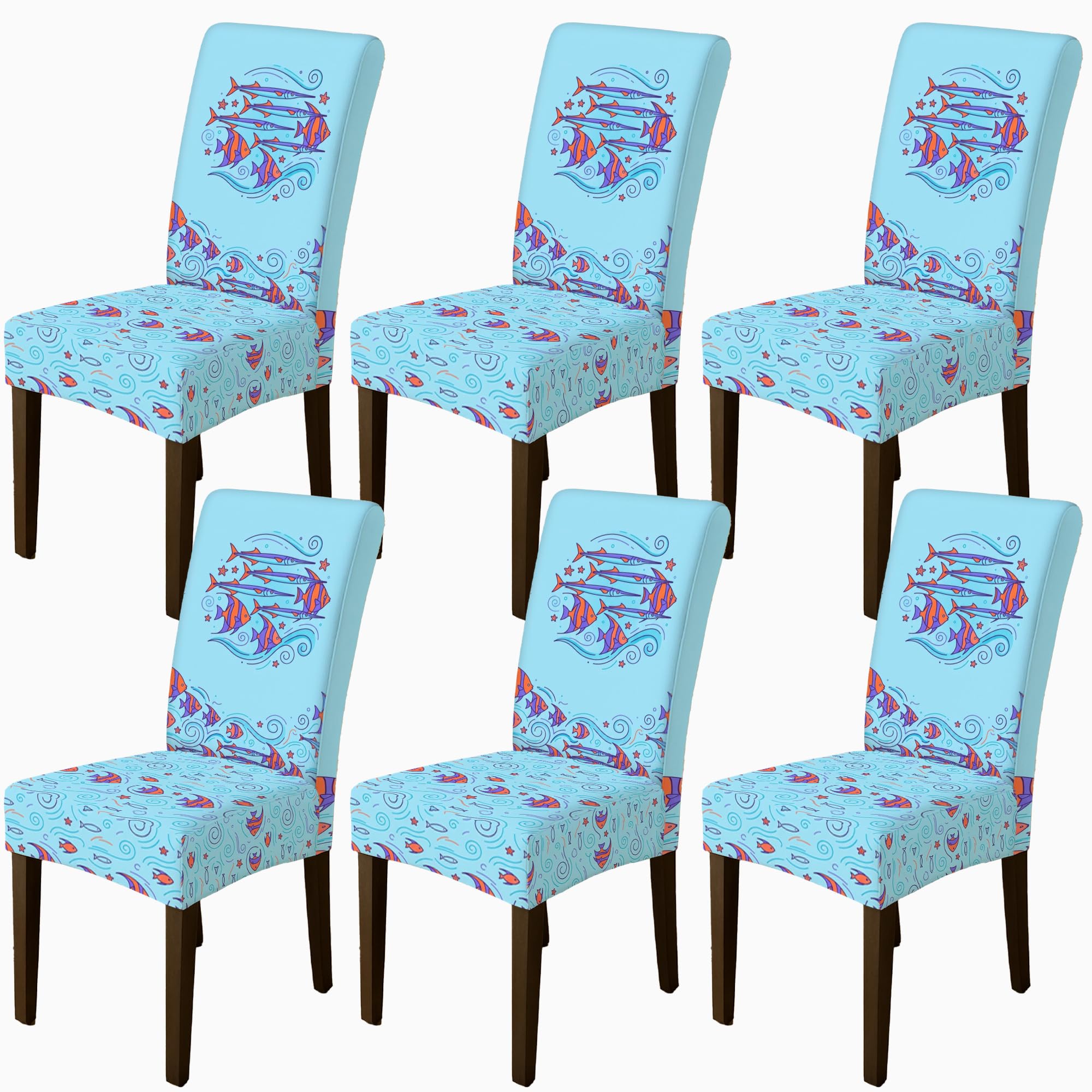 Housse de chaise lavable bleu été lot de 6 protections extensibles de cuisine