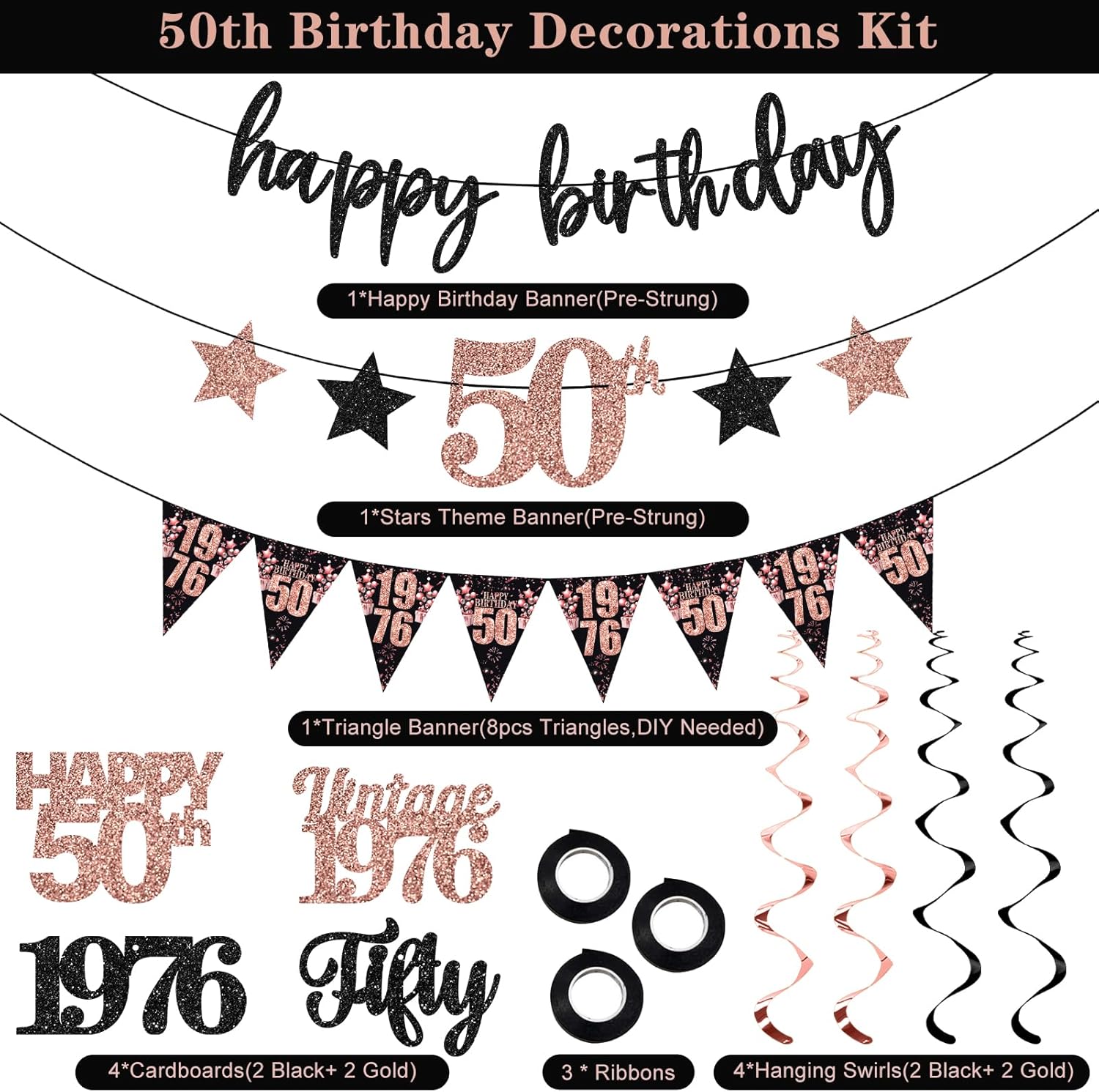 12PCS 50th Birthday Decorations for Women, Rose Gold Vintage 1976 Happy 50th Birthday Banner Triangle Flag Banner Glitter Hanging Swirls Party Supplies, Cheers to 50 Years Old Bday Decor - Image 4