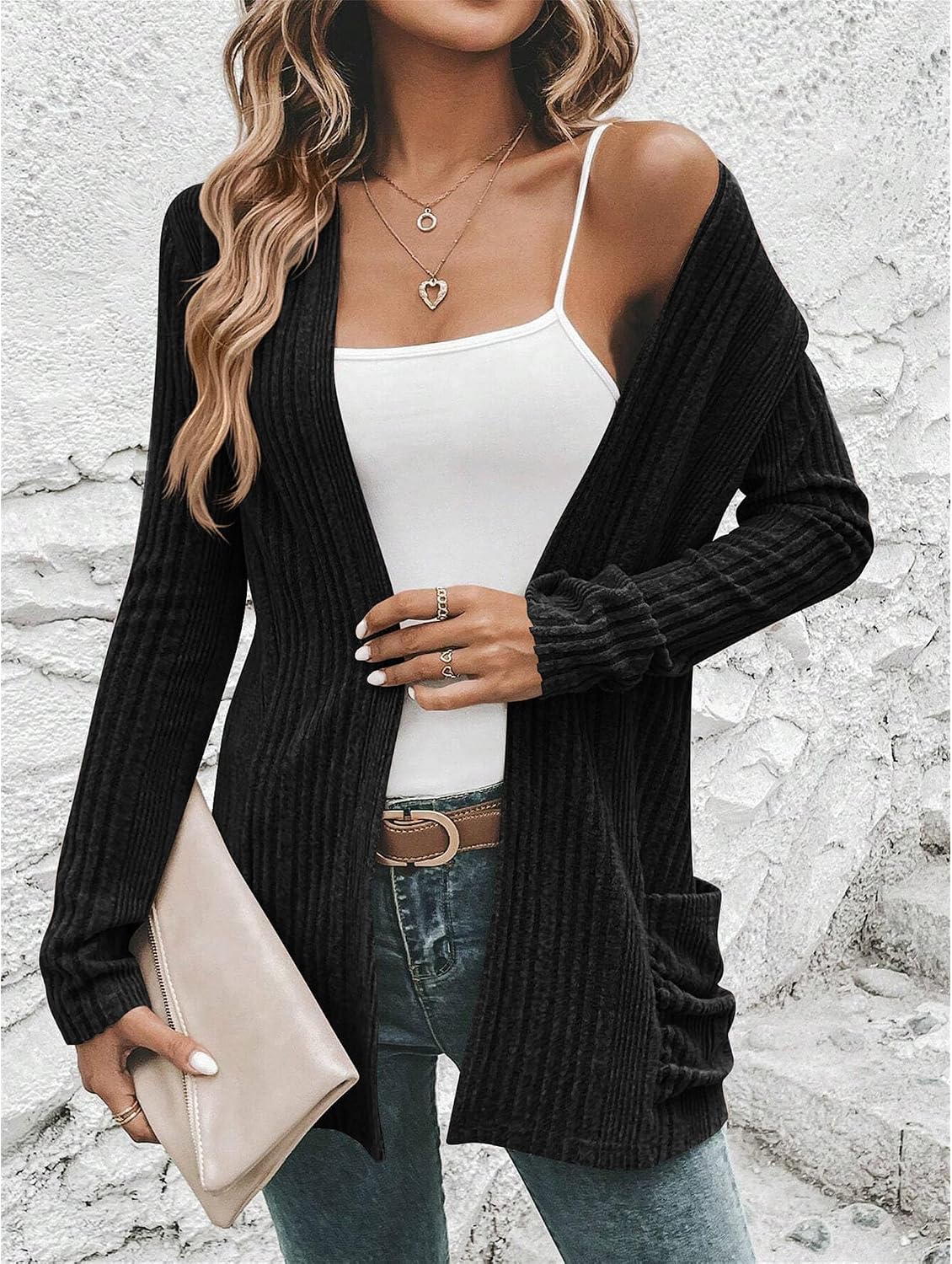 Women's 2025 Fall Open Front Cardigan Long Sleeve Thin Ribbed Knit Sweater Loose Outerwear Coats with Pockets