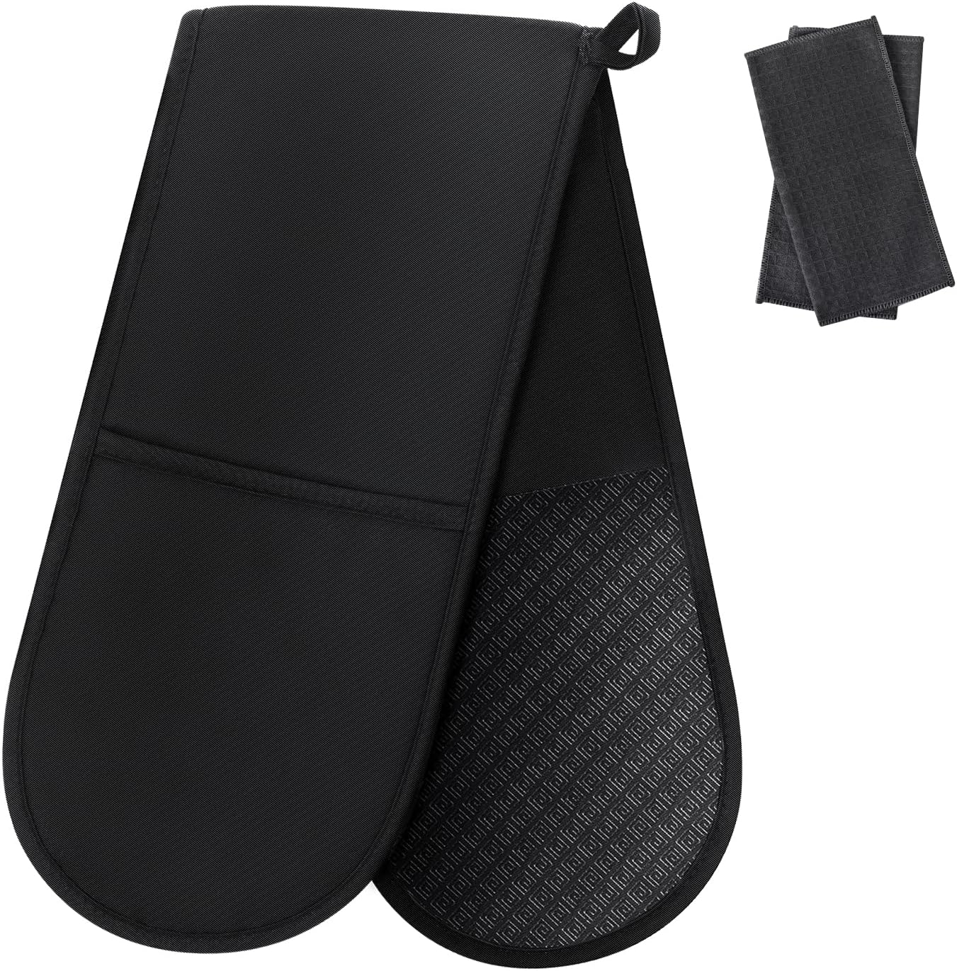 Black Double Oven Mitts，Heat Resistant 260℃ Waterproof Silicone Glove Kitchen Gloves Oven Extra Long Oven Mitts with Non-Slip Silicone Surface for Baking, Cooking, BBQ