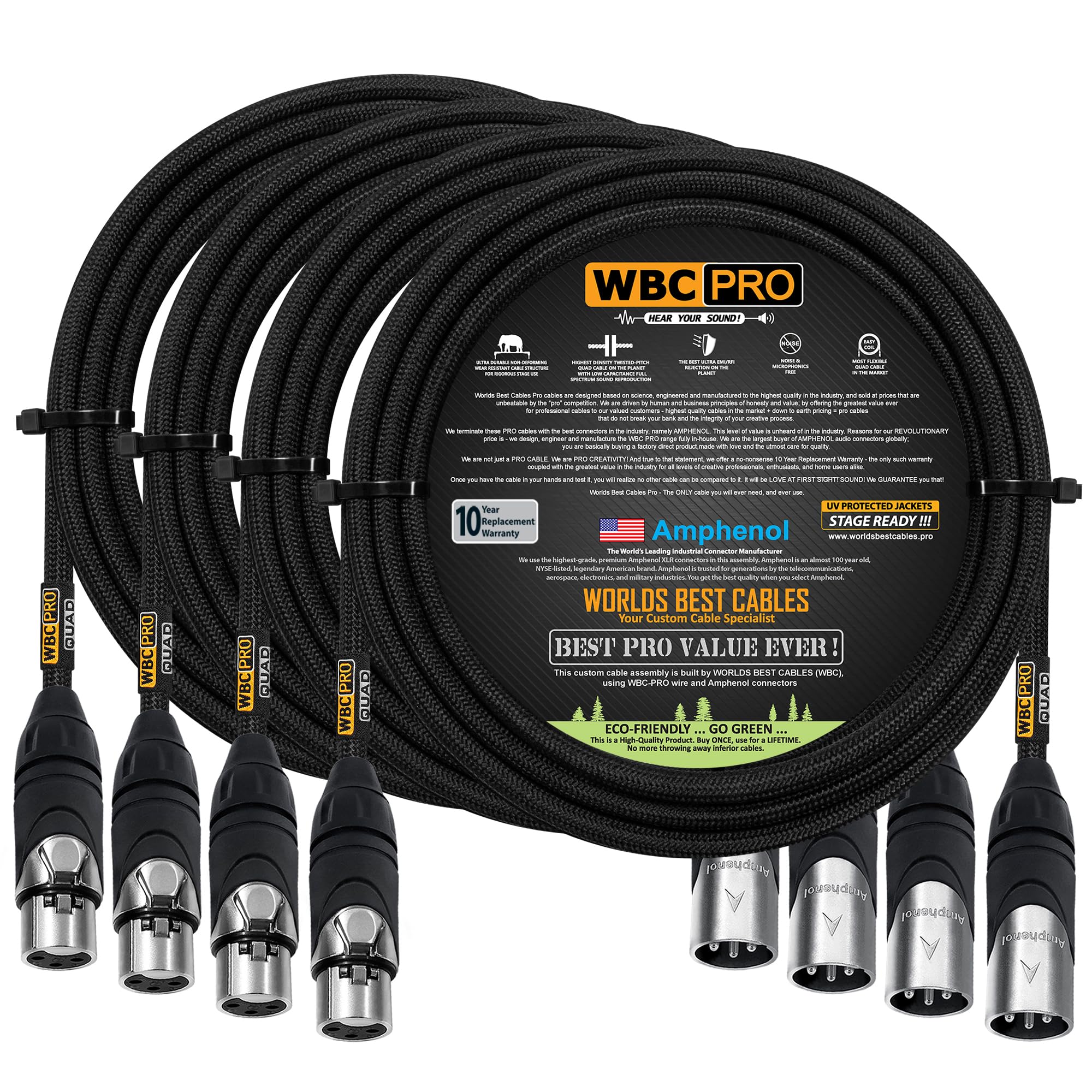 4 Units - 10 Foot - WBC-PRO-Quad Ultra-Silent Ultra-Flexible Balanced Star-Quad Cable with Amphenol Male & Female XLR Plugs & Black Tweed Jacket
