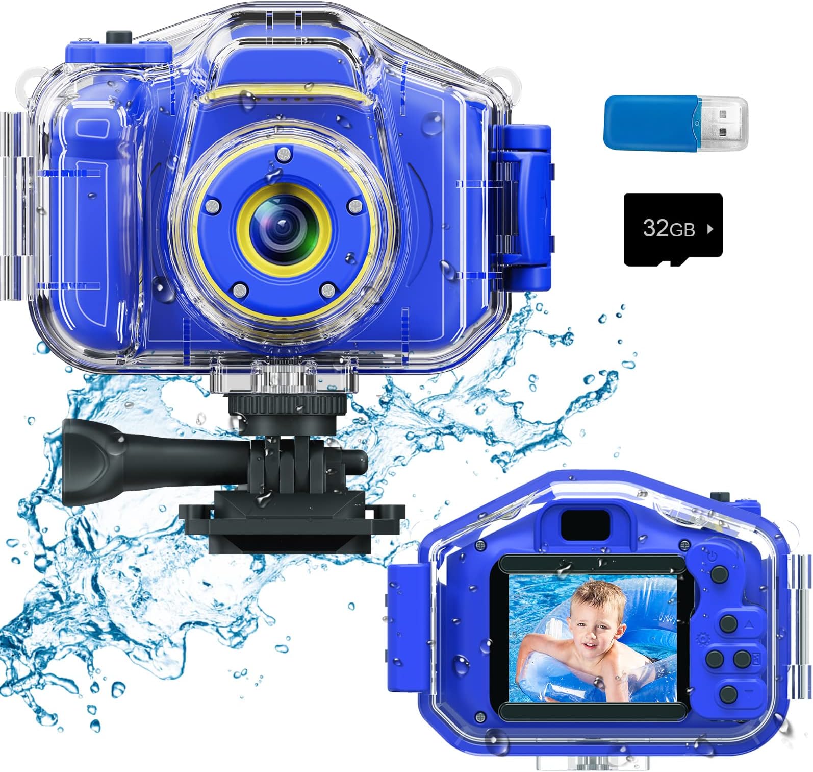 DEKERKids Waterproof Camera, Christmas Birthday Gifts for Boys Girls Toys 3-12 Year Old, Underwater Mini Children HD Digital Action Camcorder, 2 Inch IPS Screen with 32GB Card (Dark Blue)