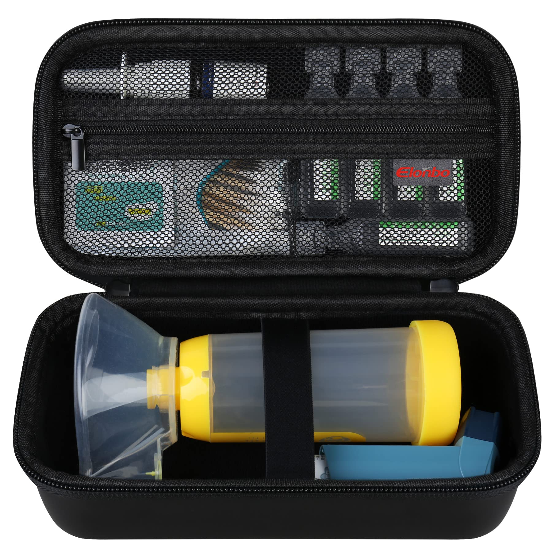 Elonbo Carrying Case ​for Asthma Inhaler for Adults and Kids, Spacer, Masks, Protective Asthma Travel Organize Bag, Extra Mesh Pocket Fits Medication and Other Essentials, Black