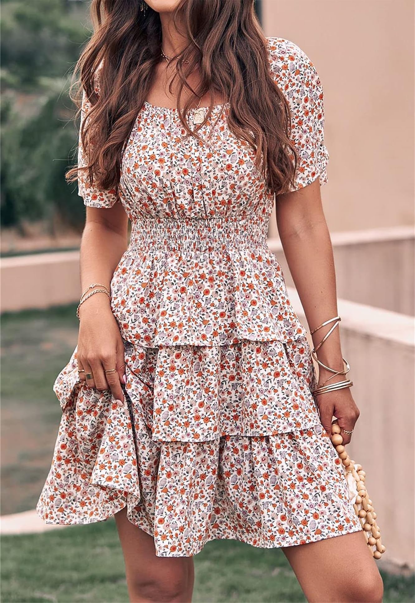 Amazon.com: SAGGION Women's Floral Summer Short Dress Casual Square Neck  Short Sleeve Tiered Ruffle Boho Swing Flowy Cute Dresses : Clothing, Shoes  & Jewelry