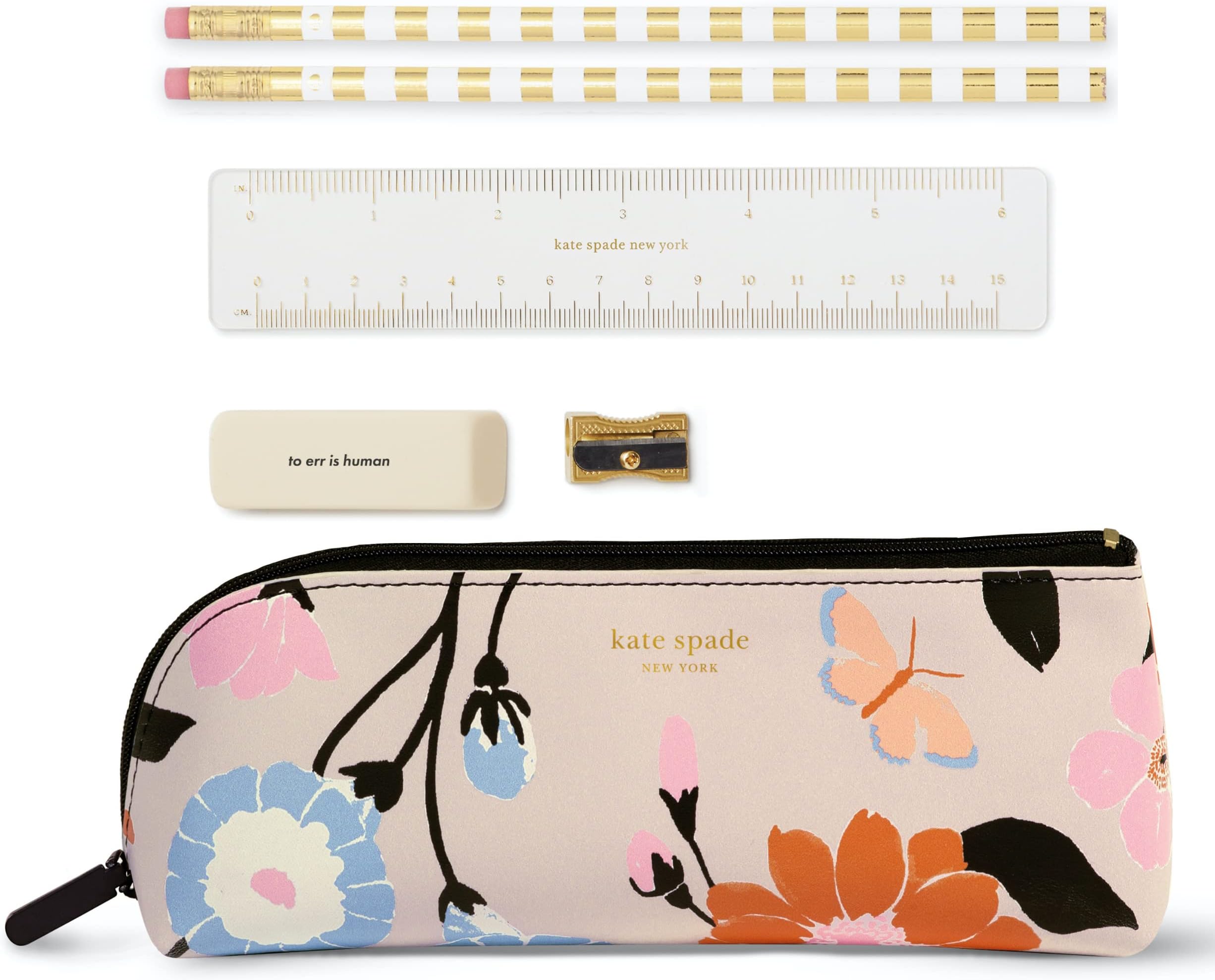 Pen and Pencil Case with School Supplies, Zip Pouch Includes 2 Pencils, Sharpener, Eraser, and Ruler, Floral Garden