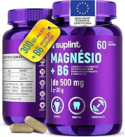 Magnésio Dimalato 300 mg com Vitamina B6 – Suplemento Vitamínico Vegano | Sem Glúten e Sem OGM – 60 Cápsulas