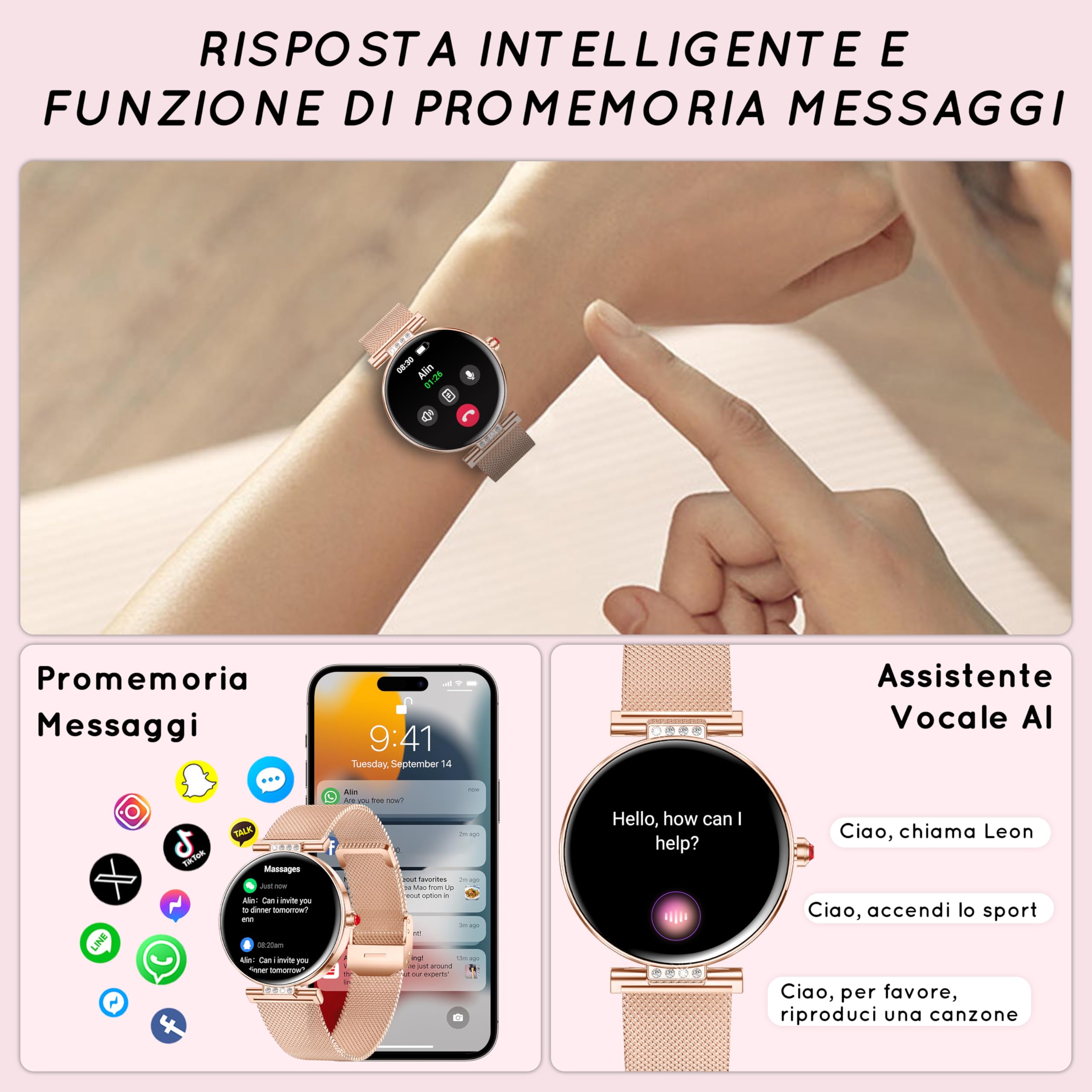 Smartwatch Donna 1.19'' AMOLDE Orologio Intelligente Donna con Chiamate Bluetooth/Notifiche WhatsApp/Sonno SpO2 Frequenza Cardiaca, 120+ Modalità Sportive Contapassi Smartwatch, Oro Rosa/3 Cinturino