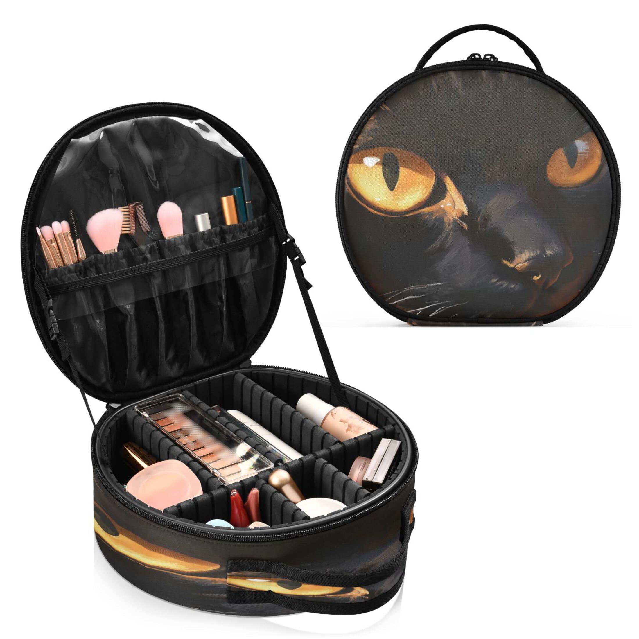 Takiito Cat Evil Eyes Travel Makeup Case Portable Makeup Box Artist Cosmetic Case Organizer With Adjustable Dividers