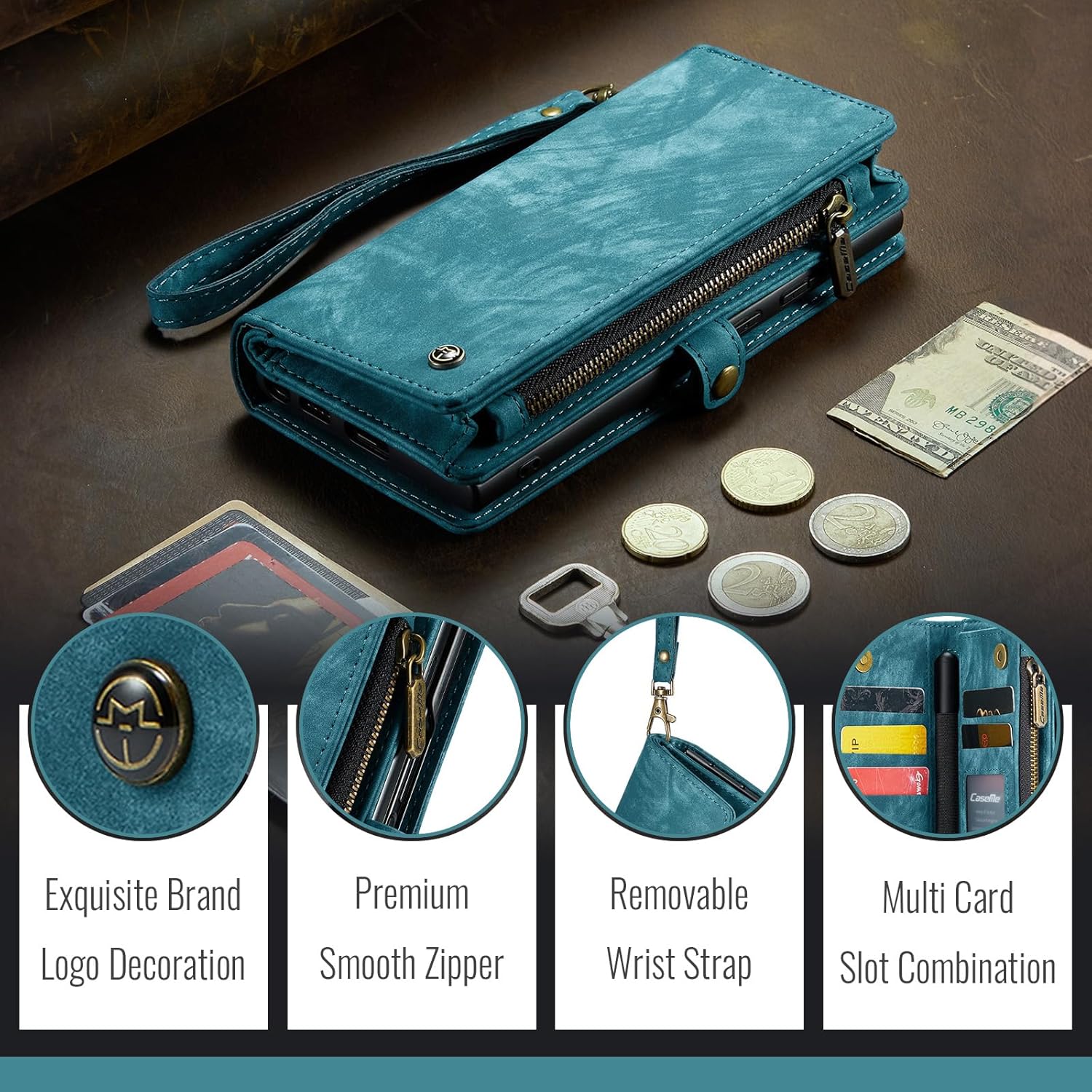 Kowauri for Samsung Galaxy Z Fold 7 Case,Zipper Purse Magnetic Folio Leather Wallet Case with S Pen Holder Wrist Strap Card Holder Shockproof Protective Cover for Samsung Galaxy Z Fold 7 5G (Blue)