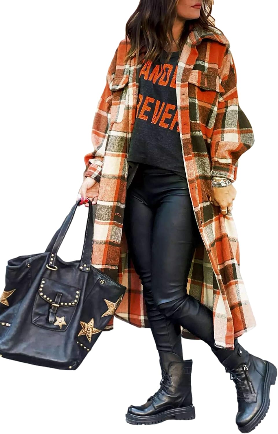 UANEO Plaid Coat Women Button Down Long Plaid Jacket Fall Flannel Trench Coat