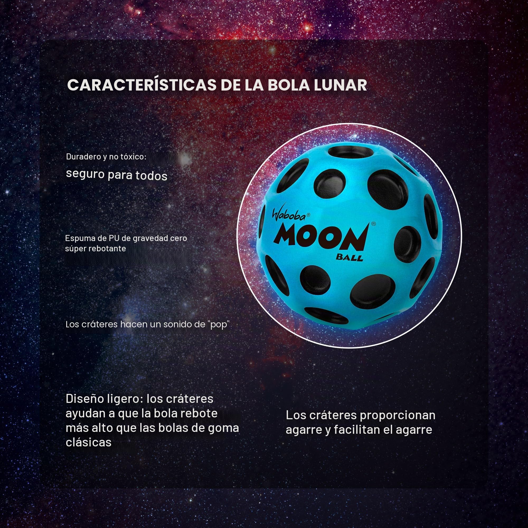 Waboba Moon Ball – Pelota de Goma de Salto más Alta – Diseño Original Patentado – cráter de Pelota Produce un Sonido de Rebote al impactar – Fácil de agarrar – Flummies para niños