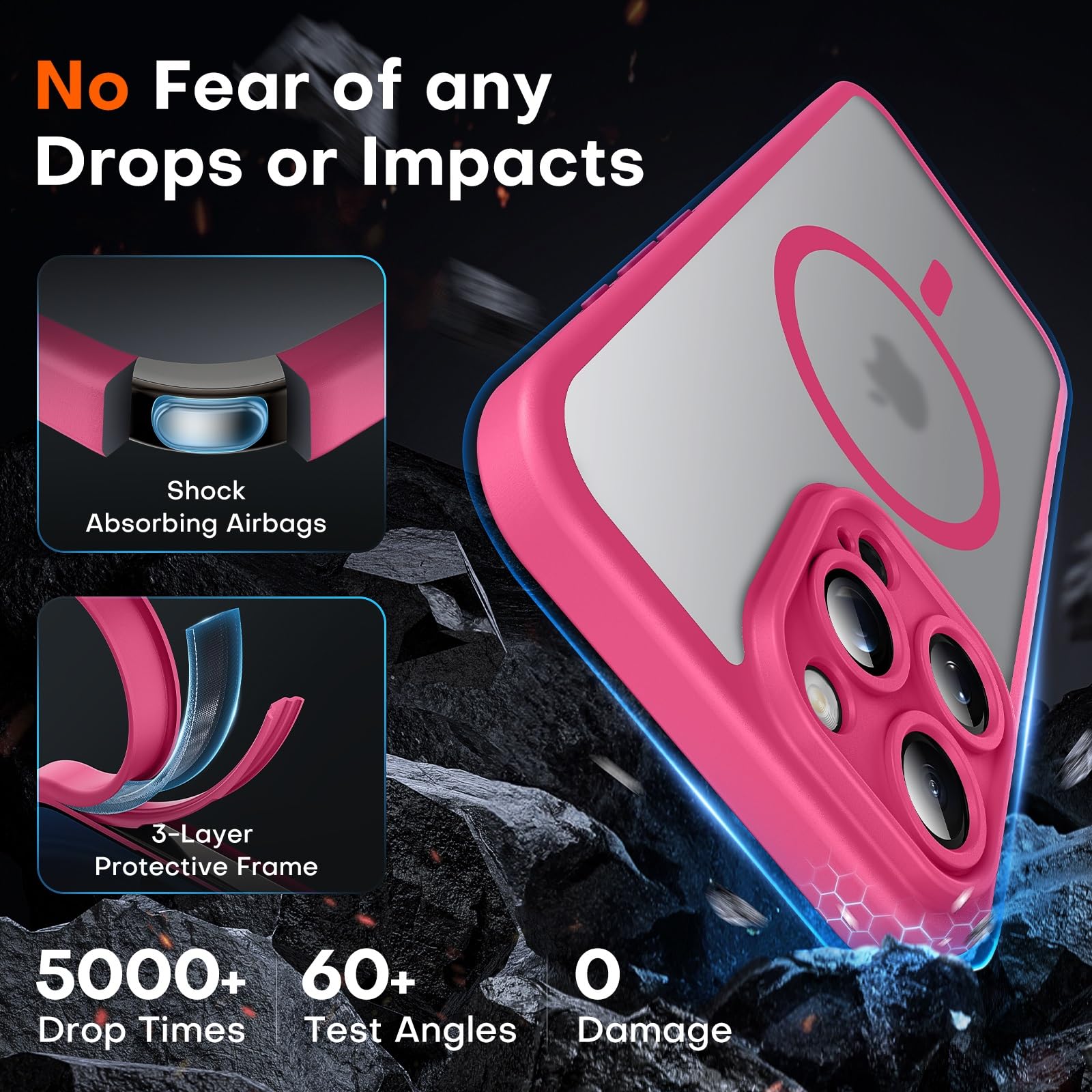 TOCOL 3 in 1 Cover Magnetica per iPhone 16 Pro 6,3 Pollic, con 2 Vetro Temperato, Compatibile con MagSafe [Protezione Fotocamera Integrata] Custodia Antiurto Traslucida Opaca, Rosa Caldo