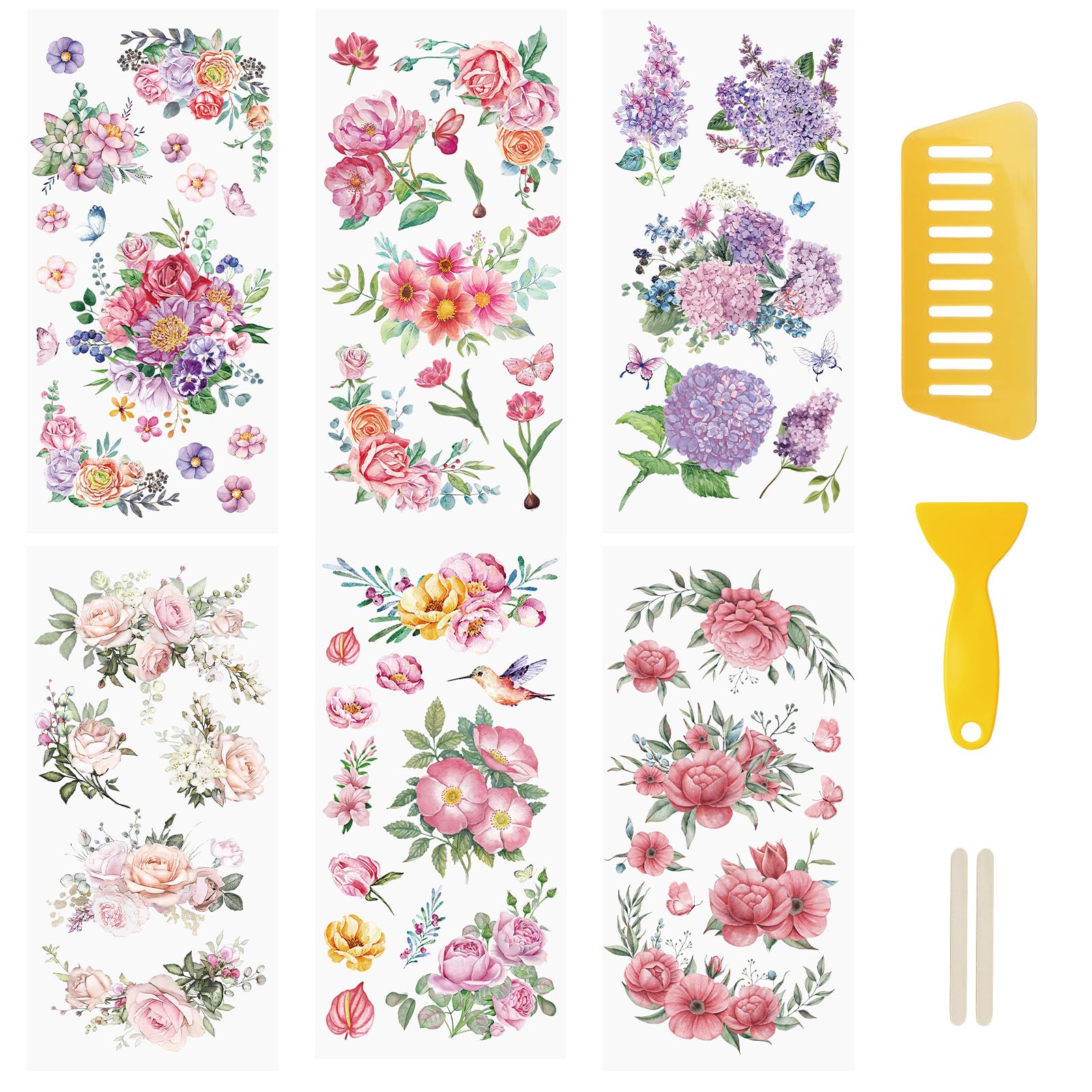 WANDIC 6 Adesivi A Trasferimento Con Tulipani, Adesivi Primaverili A Forma Di Farfalla E Fiori, Decalcomanie Per Confezioni Regalo, Fai Da Te, Album Fotografici, Mobili, 15 X 30 Cm