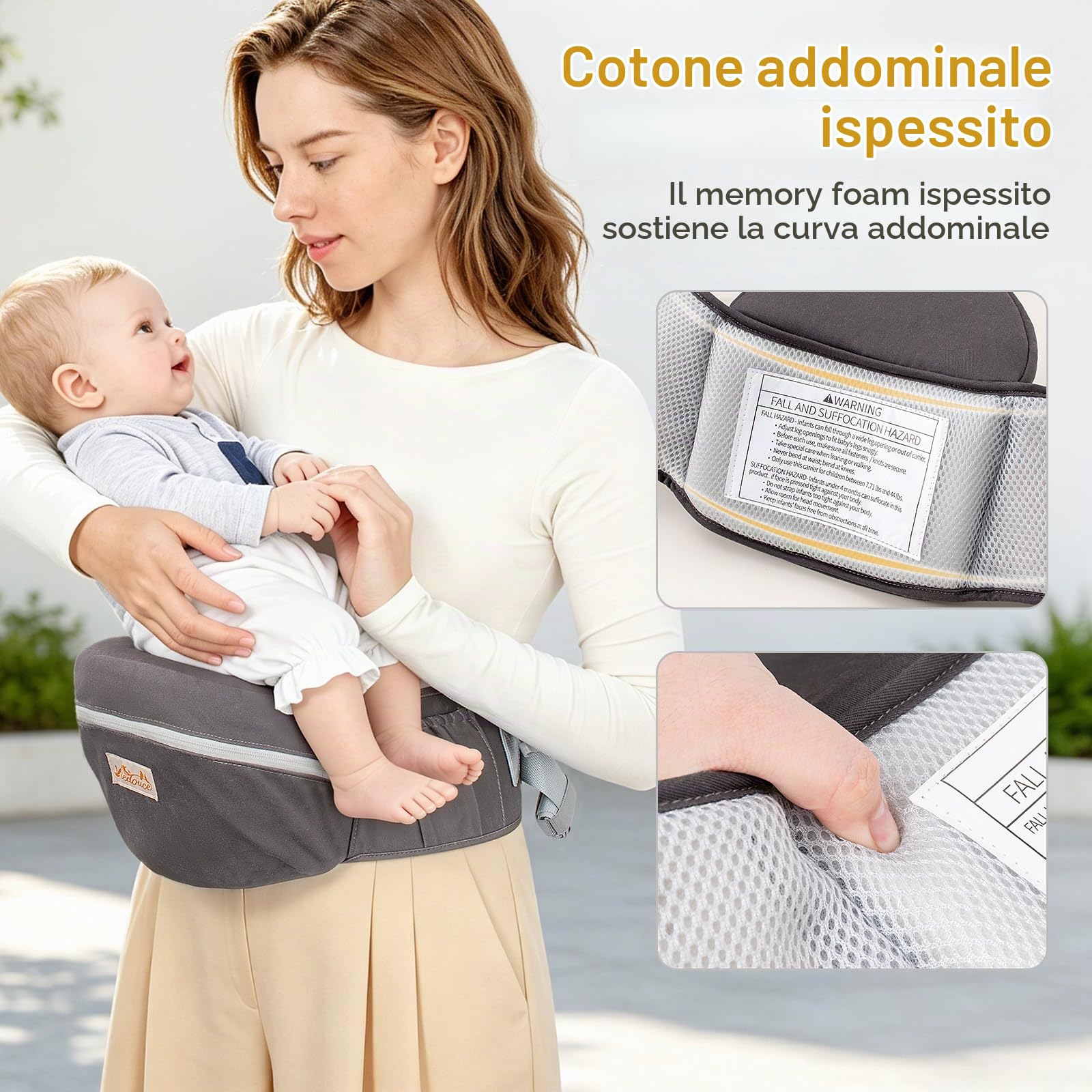 Viedouce Hipseat Marsupio Neonato Ergonomico, Neonati Marsupio Bambino con Cintura di Sicurezza, Leggero e Traspirante per 4-36 Mesi (Grigio Scuro)