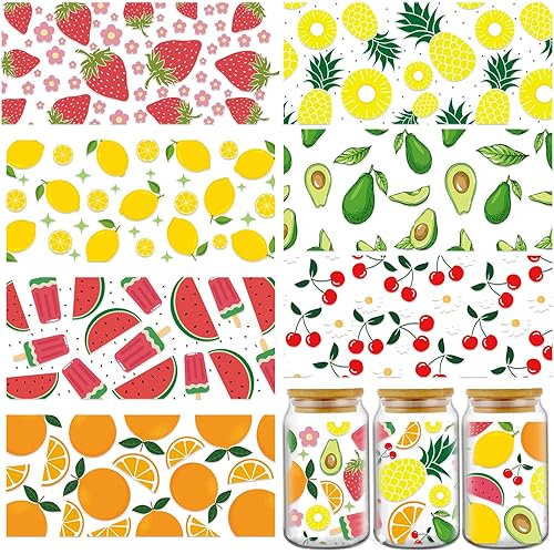 UV DTF Cup Wraps for 16 oz - 8 Sheets Fruit UV DTF Wraps, Strawberry Avocado Pineapple Watermelon Uvdtf Transfer for Glass, Waterproof Rub on Decals for Wood Crafts